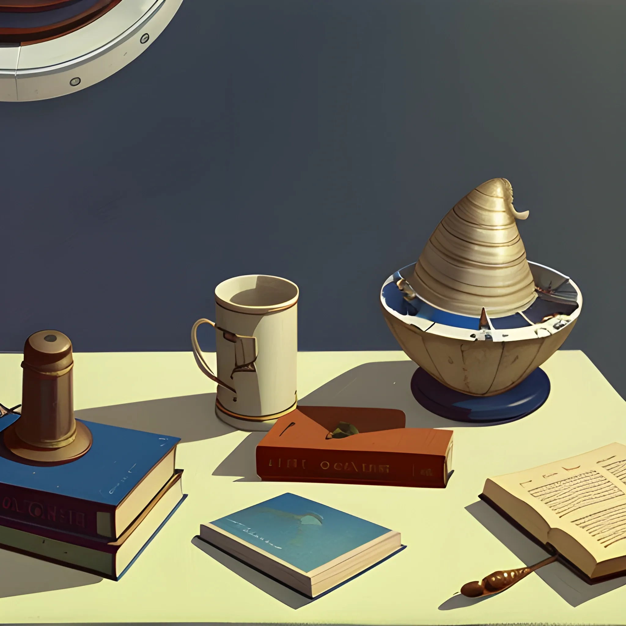 close up shot of items on table in contemporary home, still life, nautical, books, shells, very coherent, painted by Edward Hopper, painted by James Gilleard