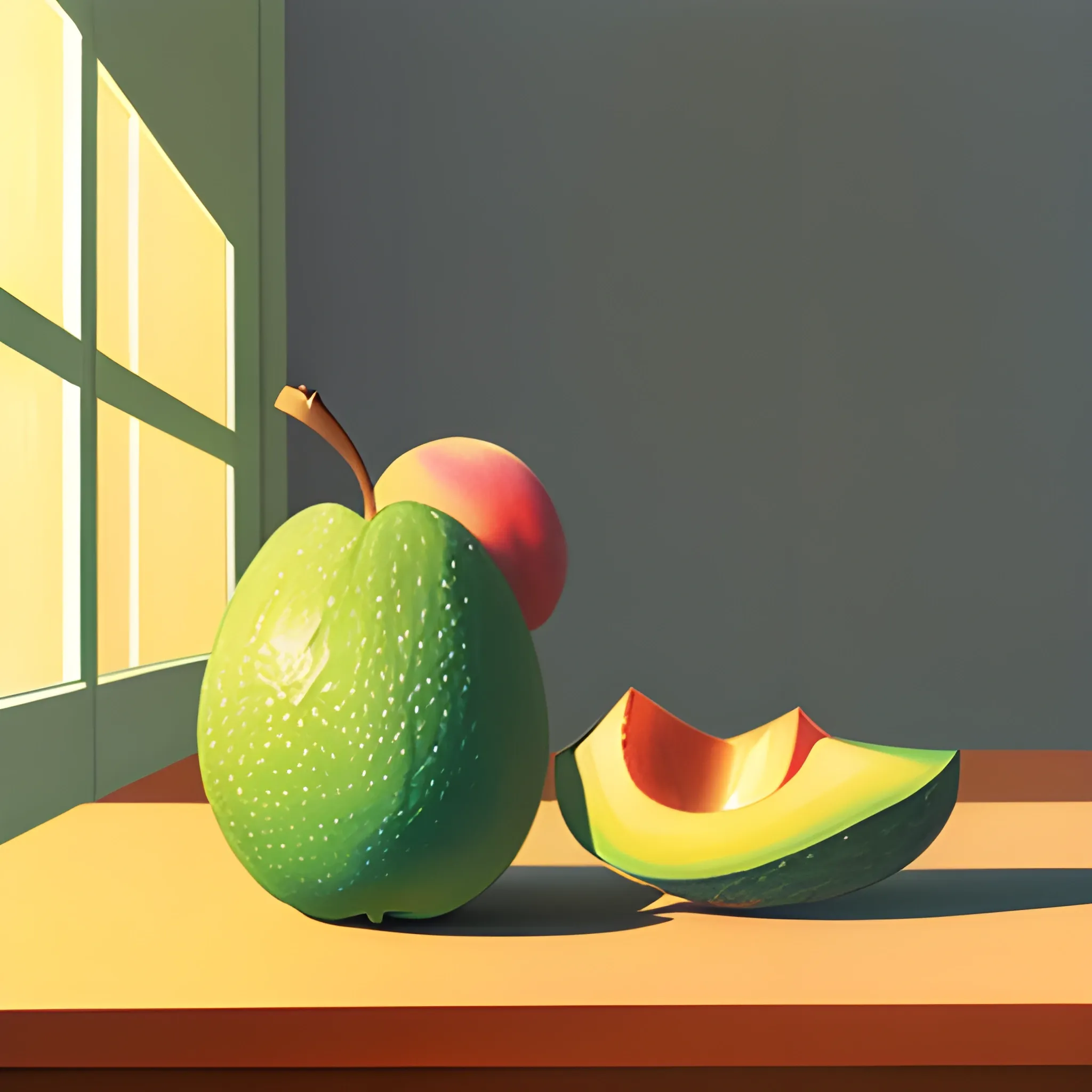 close up shot of fruits on table in contemporary home, still life, avocado, peach, painted by Edward Hopper, painted by James Gilleard, acrylic painting