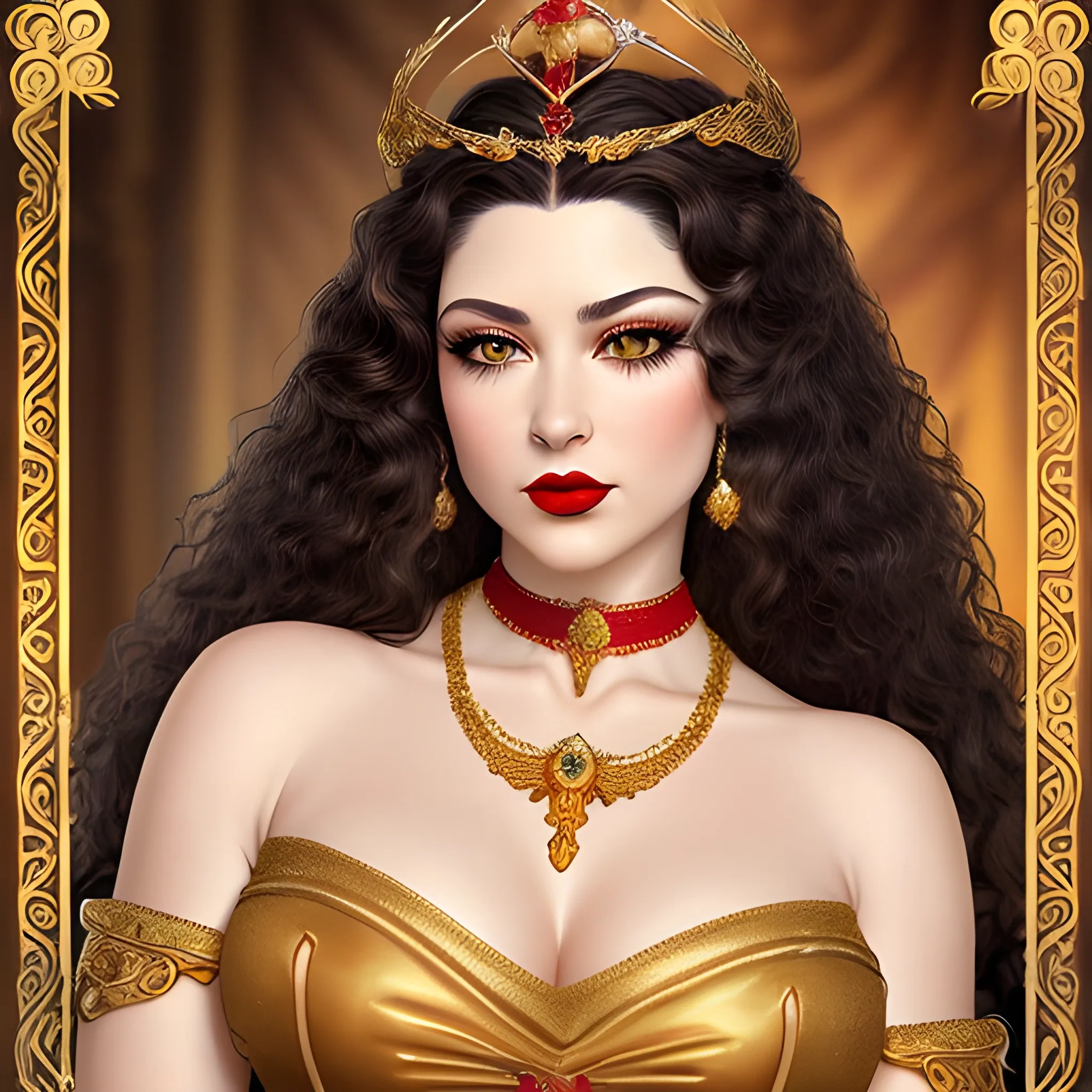 (((high detail))), best quality, Warm Colors, (detail) female with back-length  dark black curly long hair, long eyelashes, red lips, big hazel eyes, makeup, pronounced jawline, wearing sensual breasts big, curvy, wearing a queen crown with a gold palace background, wearing a vintage  gregorian dress and a chocker as a neckless, make up,
