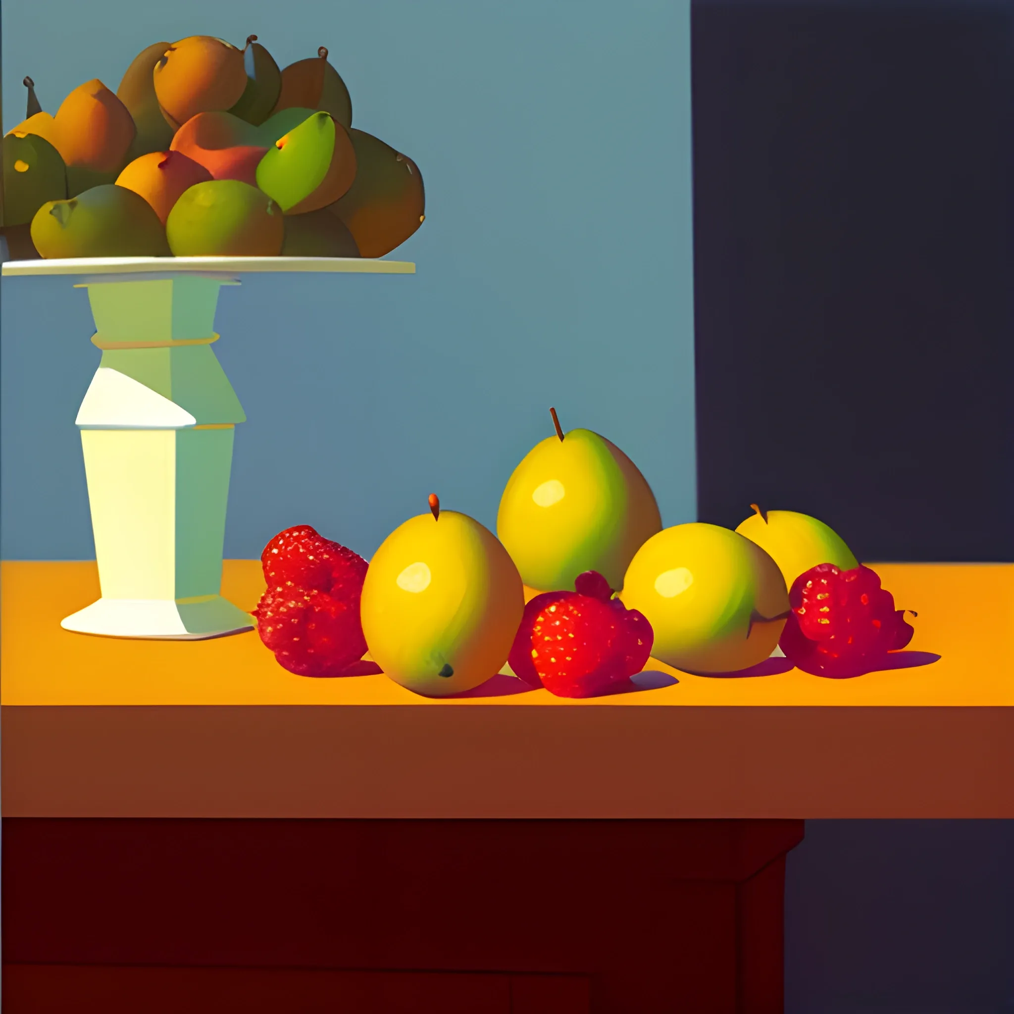 close up shot of fruits on table in contemporary home, still life, very coherent, painted by Edward Hopper, painted by James Gilleard, acrylic painting