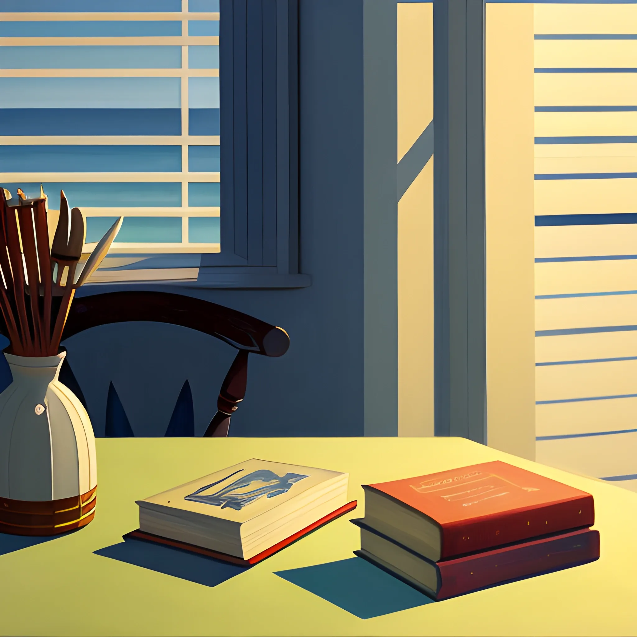 close up shot of items on table in contemporary home, still life, nautical, books, seashell, very coherent, painted by Edward Hopper, painted by James Gilleard