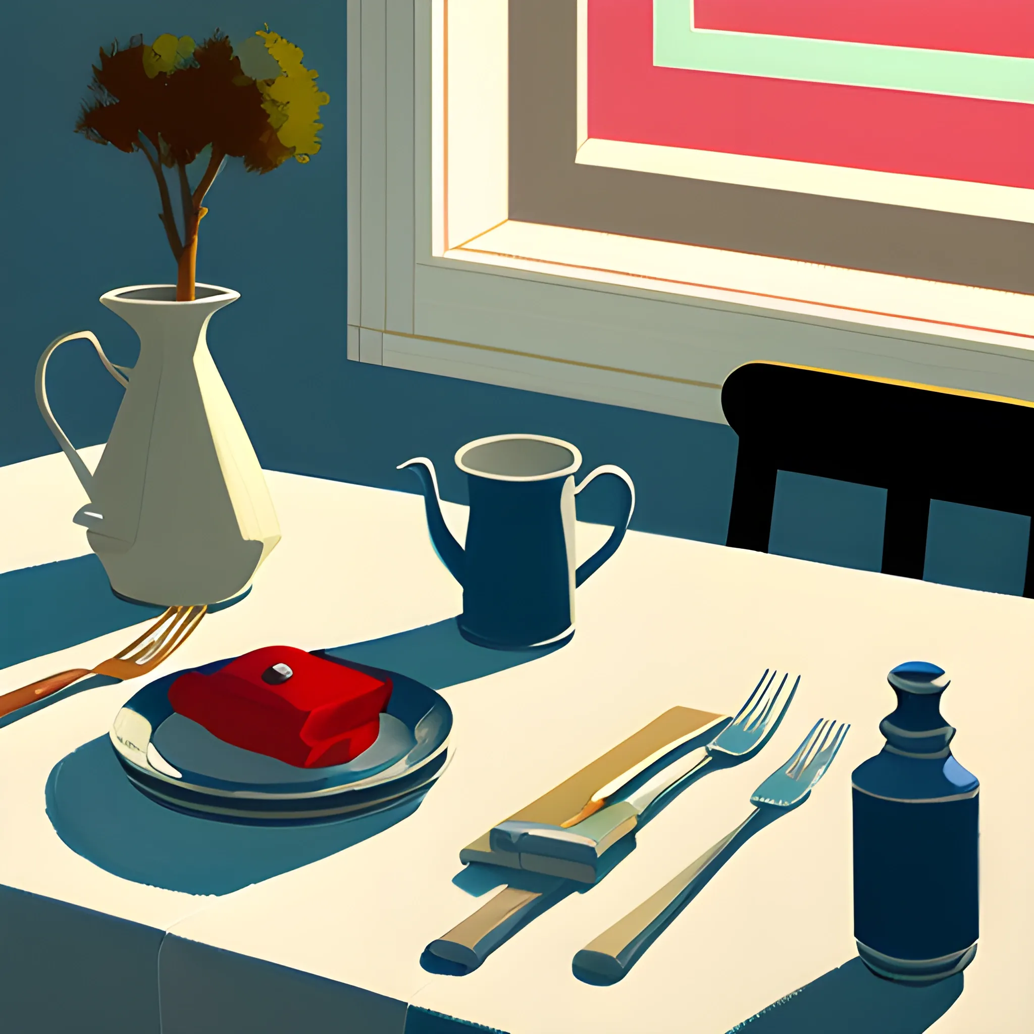 close up shot of items on table in contemporary home, still life, nautical table cloth, very coherent, painted by Edward Hopper, painted by James Gilleard, acrylic painting