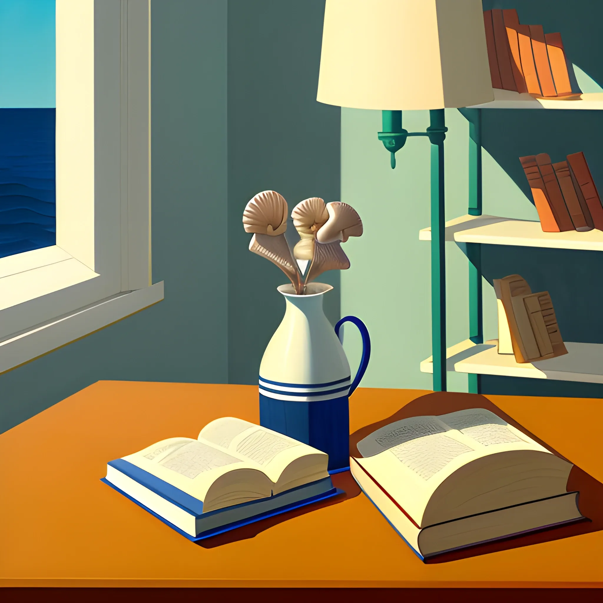 close up shot of seashells and books on table in contemporary home, still life, nautical, very coherent, painted by Edward Hopper, painted by James Gilleard