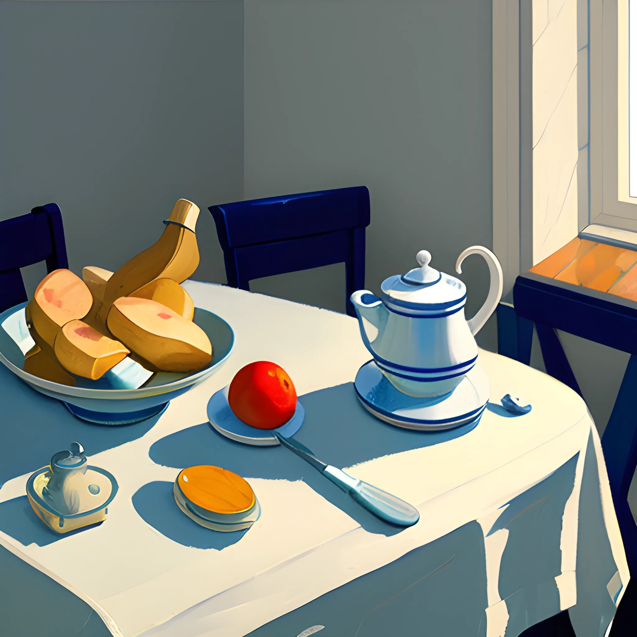 close up shot of items on table with detailed tablecloth in contemporary home, still life, nautical, very coherent, painted by Edward Hopper, painted by James Gilleard, acrylic painting