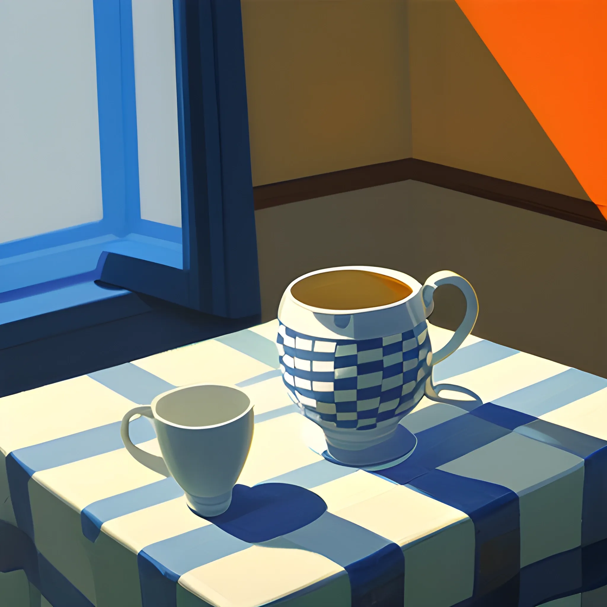 close up shot of cups on table with checkered tablecloth in contemporary home, still life, nautical, very coherent, painted by Edward Hopper, painted by James Gilleard, acrylic painting