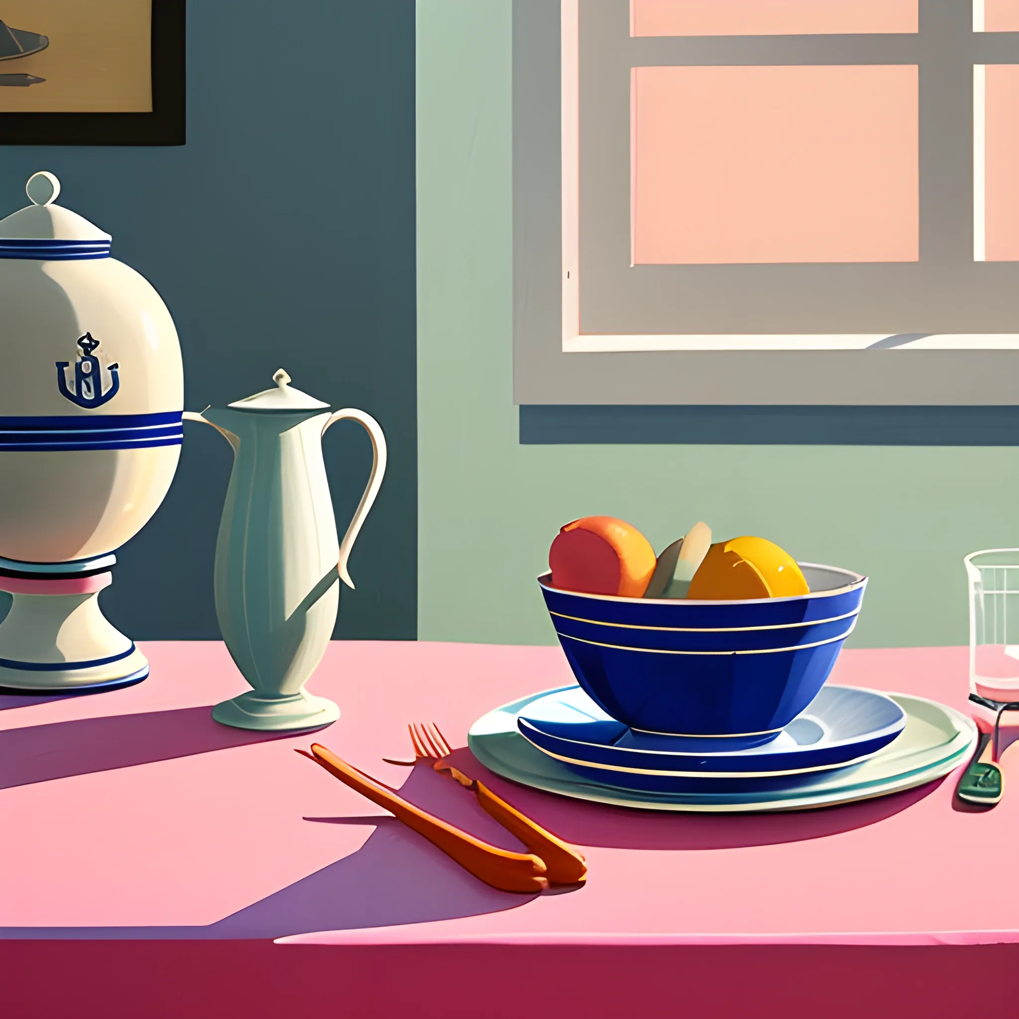 close up shot of items on table with pink tablecloth in contemporary home, still life, nautical, very coherent, painted by Edward Hopper, painted by James Gilleard