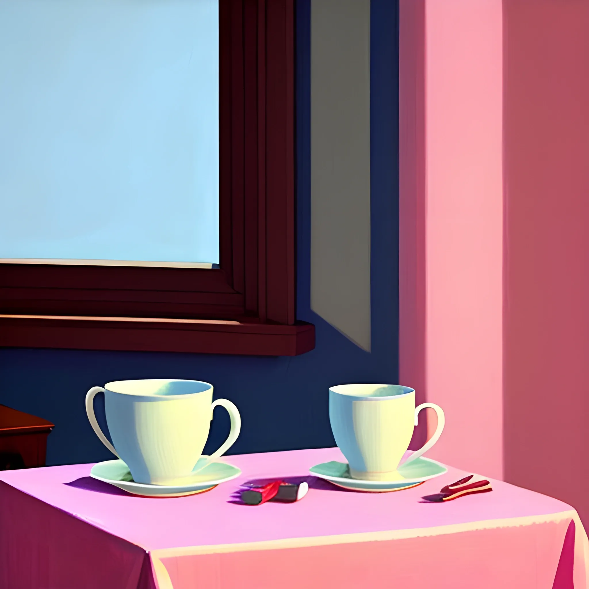 close up shot of cups on table with pink tablecloth in contemporary home, still life, nautical, very coherent, painted by Edward Hopper, painted by James Gilleard