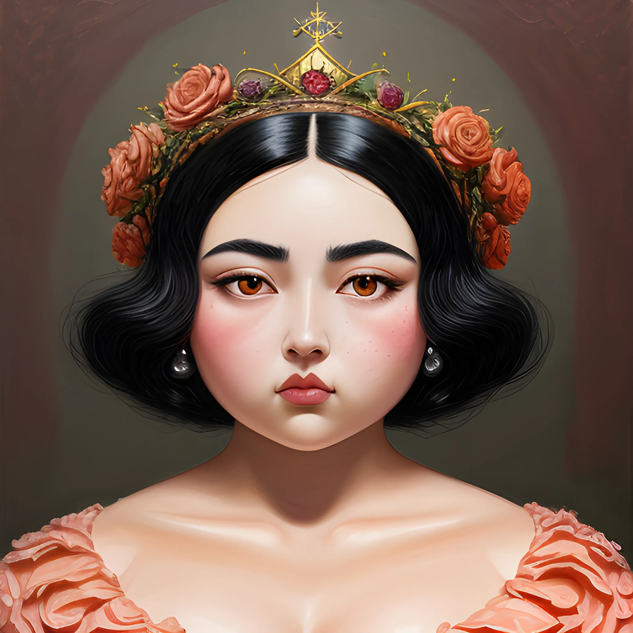 
(((high detail))), the best quality, Warm Colors, (detail)Woman with black hair,curvy face, with rosy cheeks, big black eyes, thick eyelashes, thick peach lips, thick eyebrows, nose upturned, , roses red in the background, with a crown in his hands, Trippy, Oil Painting