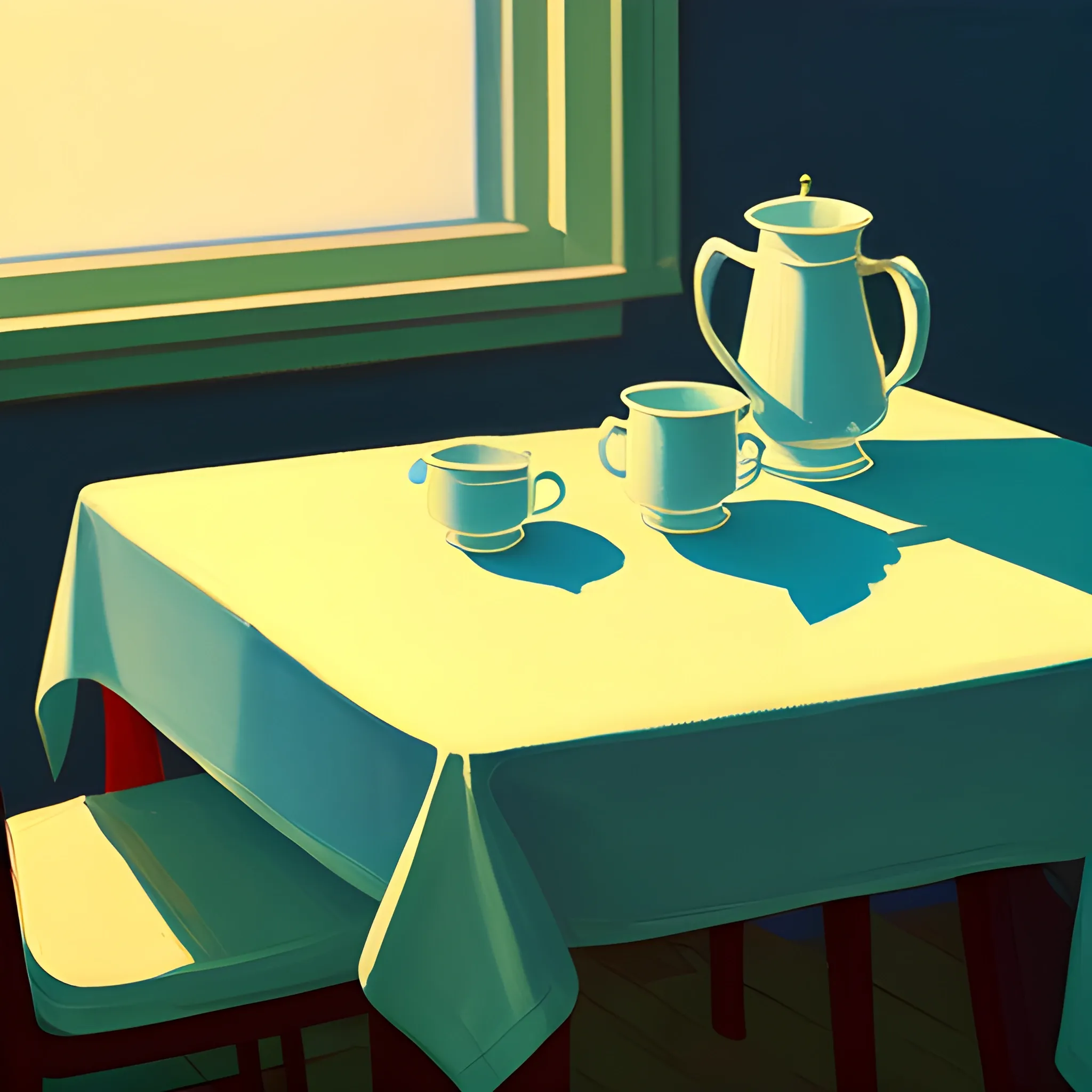 close up shot of cups on table with tablecloth in contemporary home, still life, nautical, very coherent, painted by Edward Hopper, painted by James Gilleard