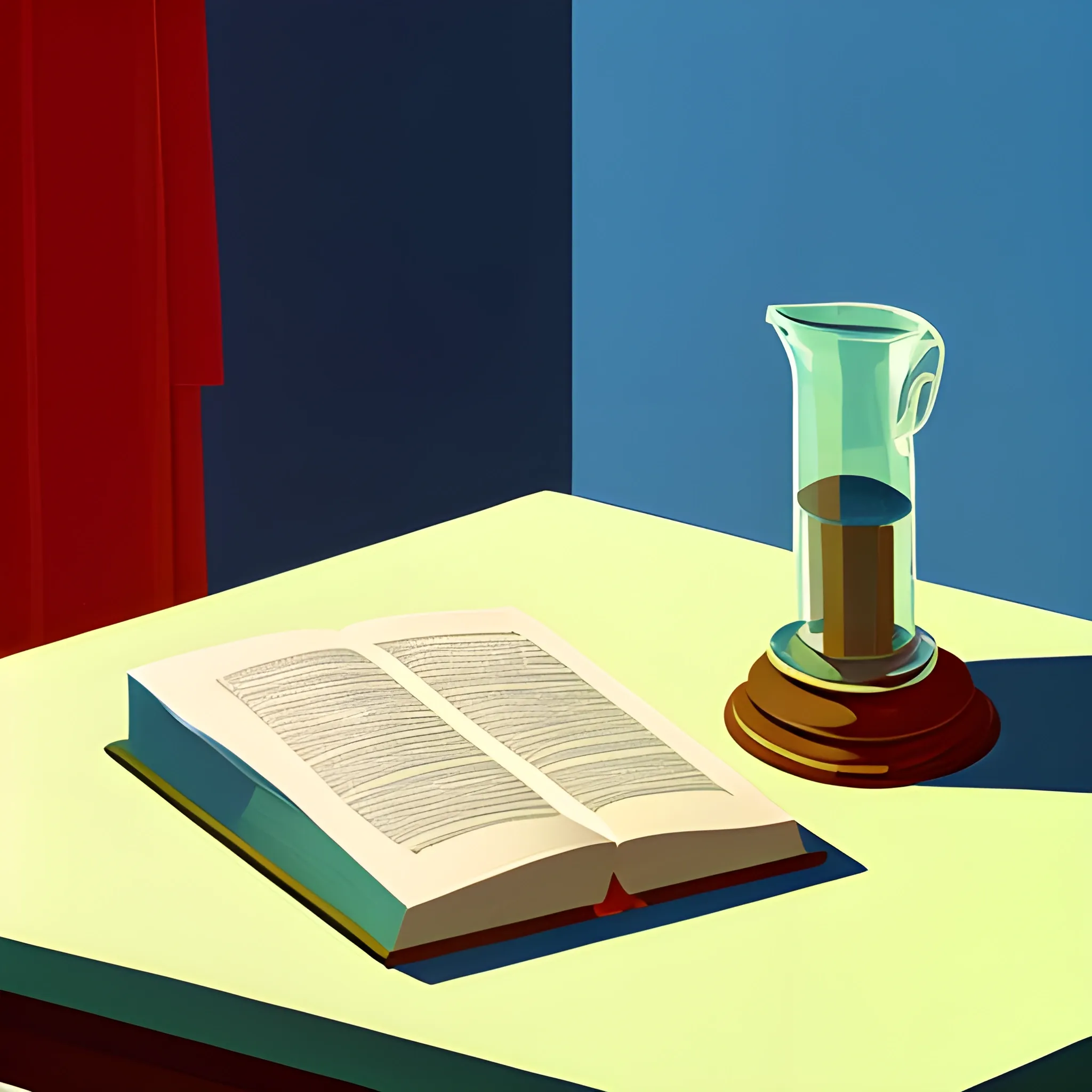 close up shot of books on table with table in contemporary home, still life, very coherent, painted by Edward Hopper, painted by James Gilleard, acrylic painting, blue background