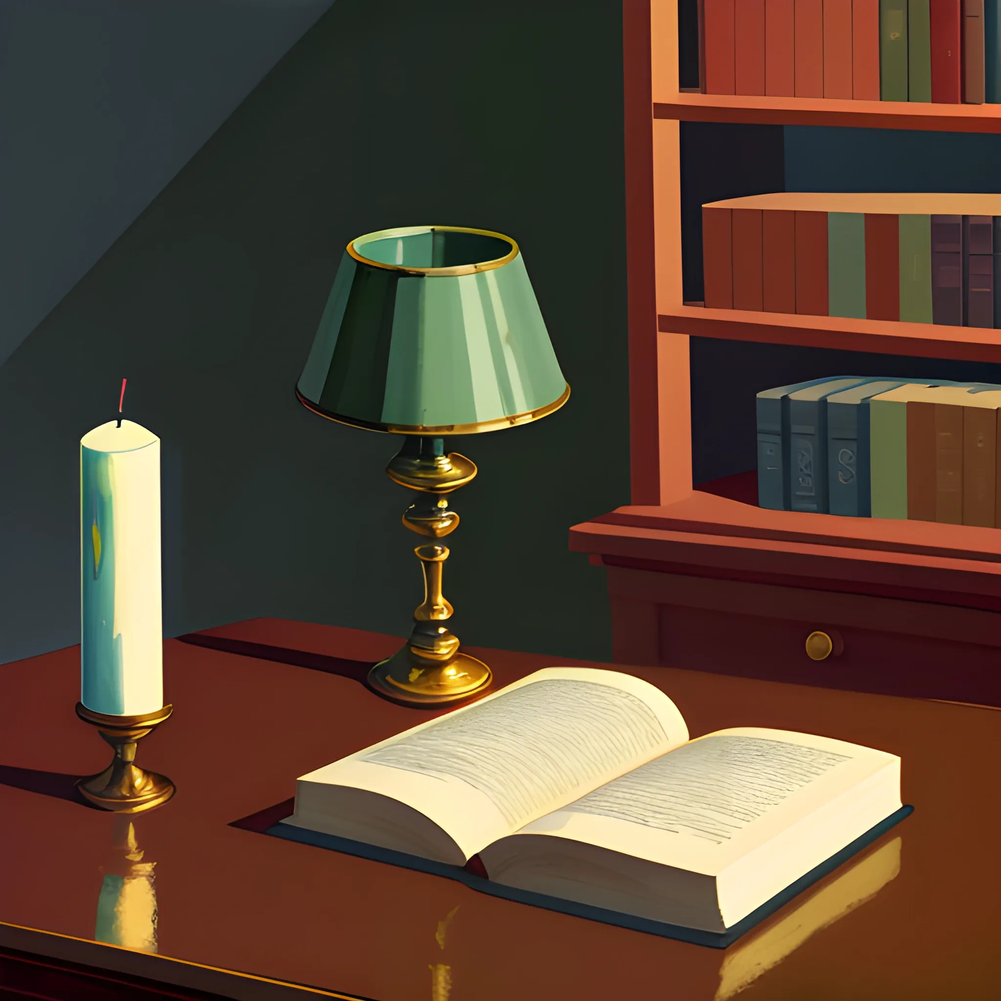 close up shot of items on table in contemporary home, still life, candlesticks, books, very coherent, painted by Edward Hopper, painted by James Gilleard