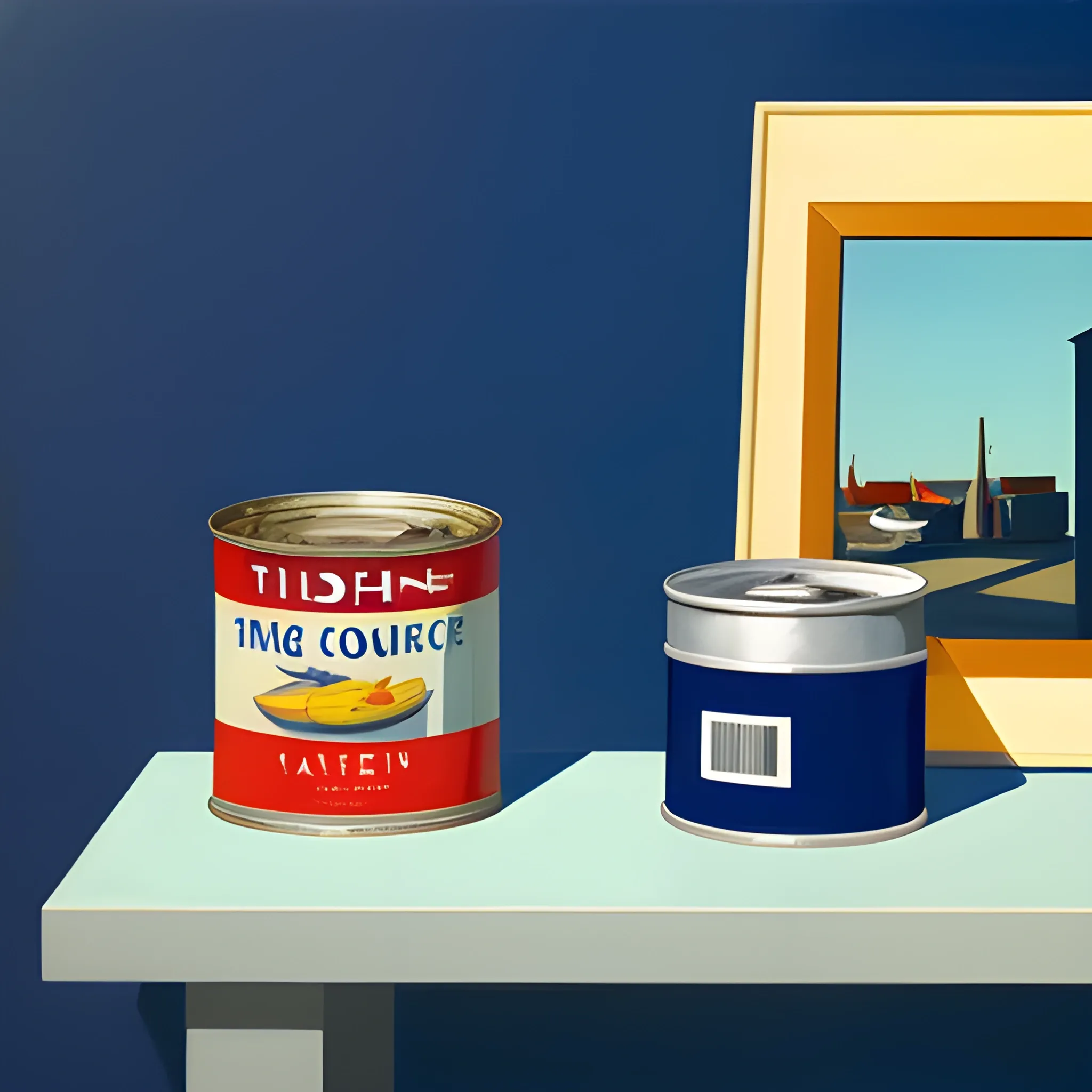 close up shot of items on table in contemporary home, still life, tin of tuna, very coherent, painted by Edward Hopper, painted by James Gilleard, acrylic painting, blue background