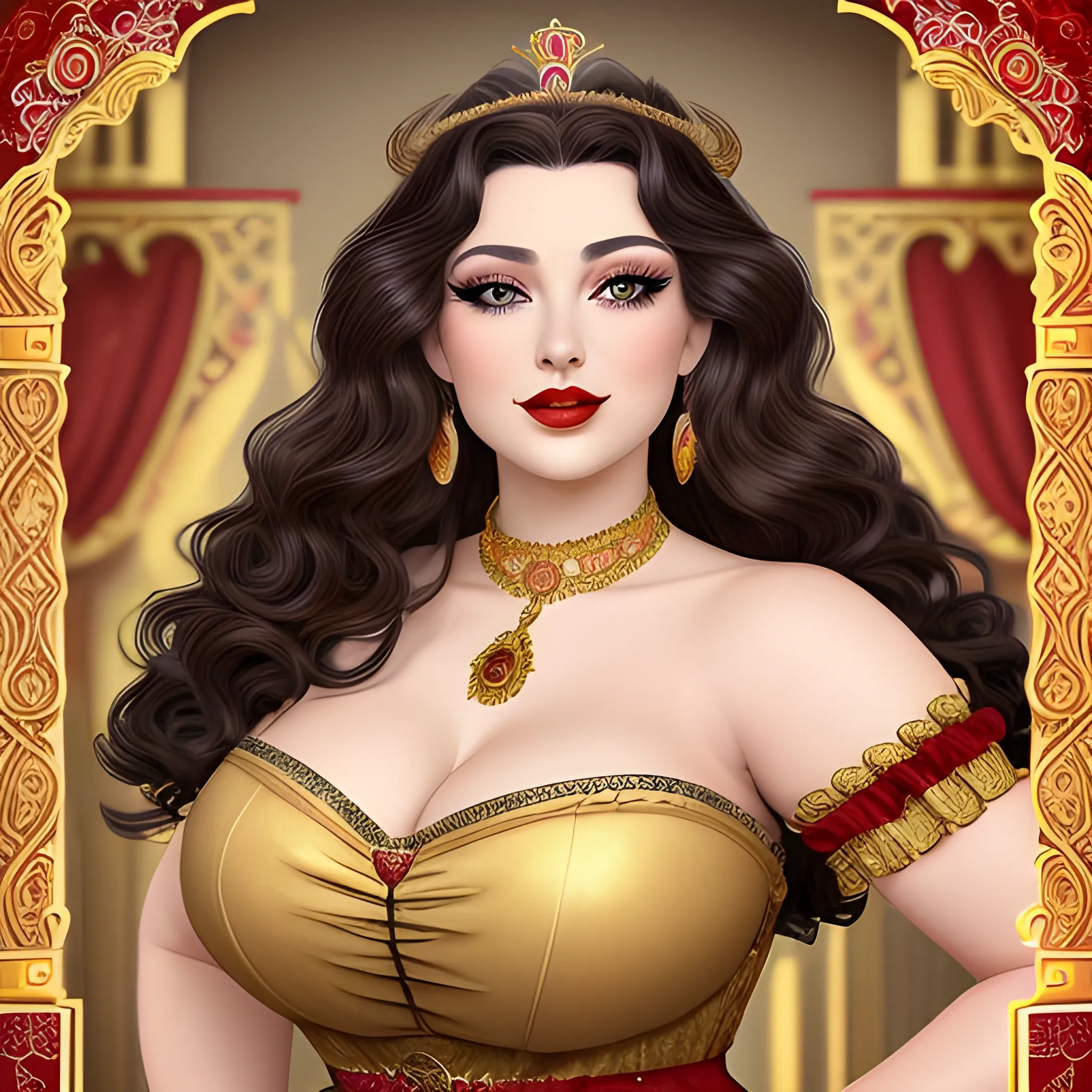 (((high detail))), best quality, Warm Colors, (detail) female with dark black curly long hair, long eyelashes, red lips, big hazelnut colored eyes, fancy makeup, pronounced jawline, sexy smile, curvy body type, wearing a queen crown with a gold palace with a peacock as her background, wearing a vintage gregorian dress and a chocker as a neckless,