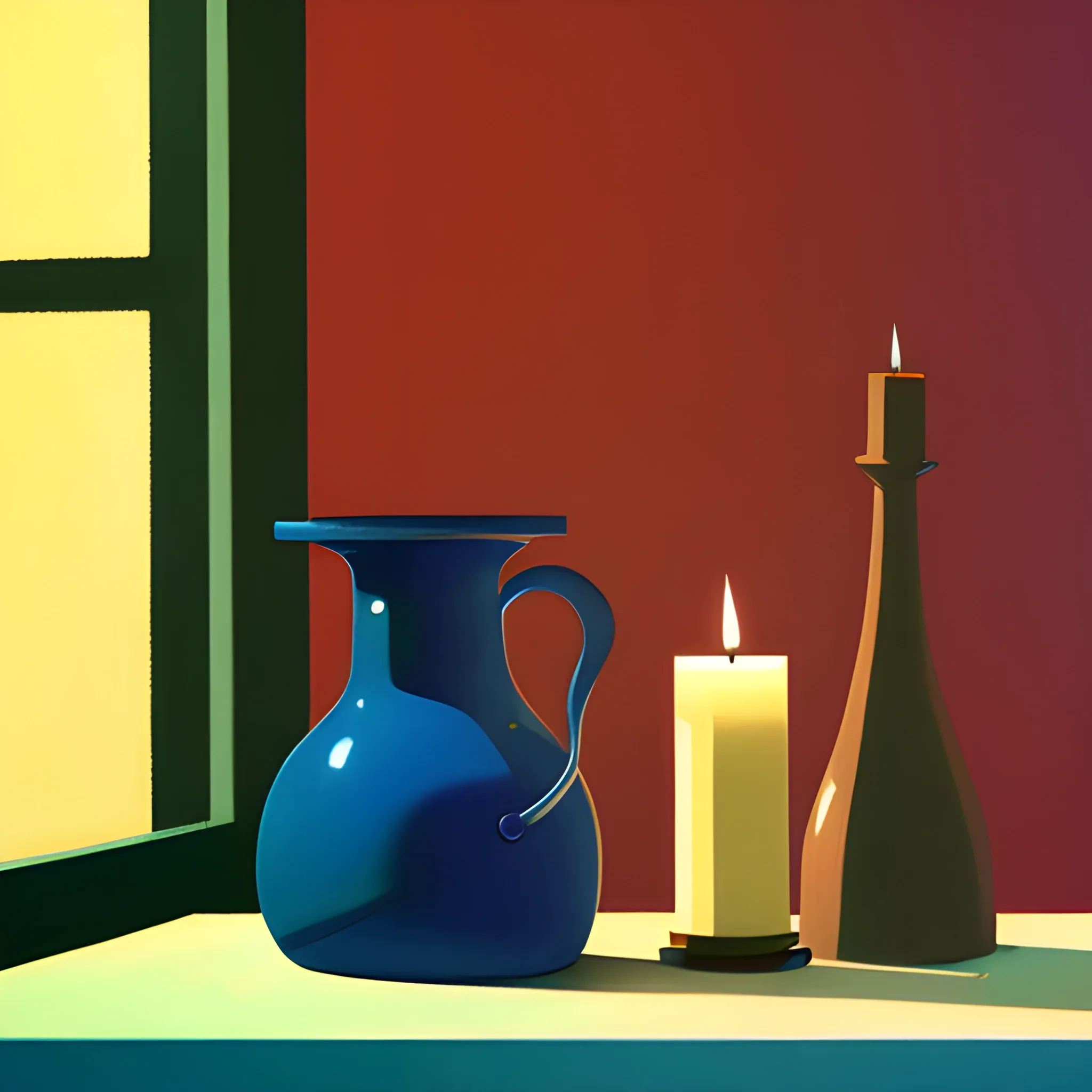 close up shot of items on table in contemporary home, still life, fun candlesticks, books, very coherent, painted by Edward Hopper, painted by James Gilleard