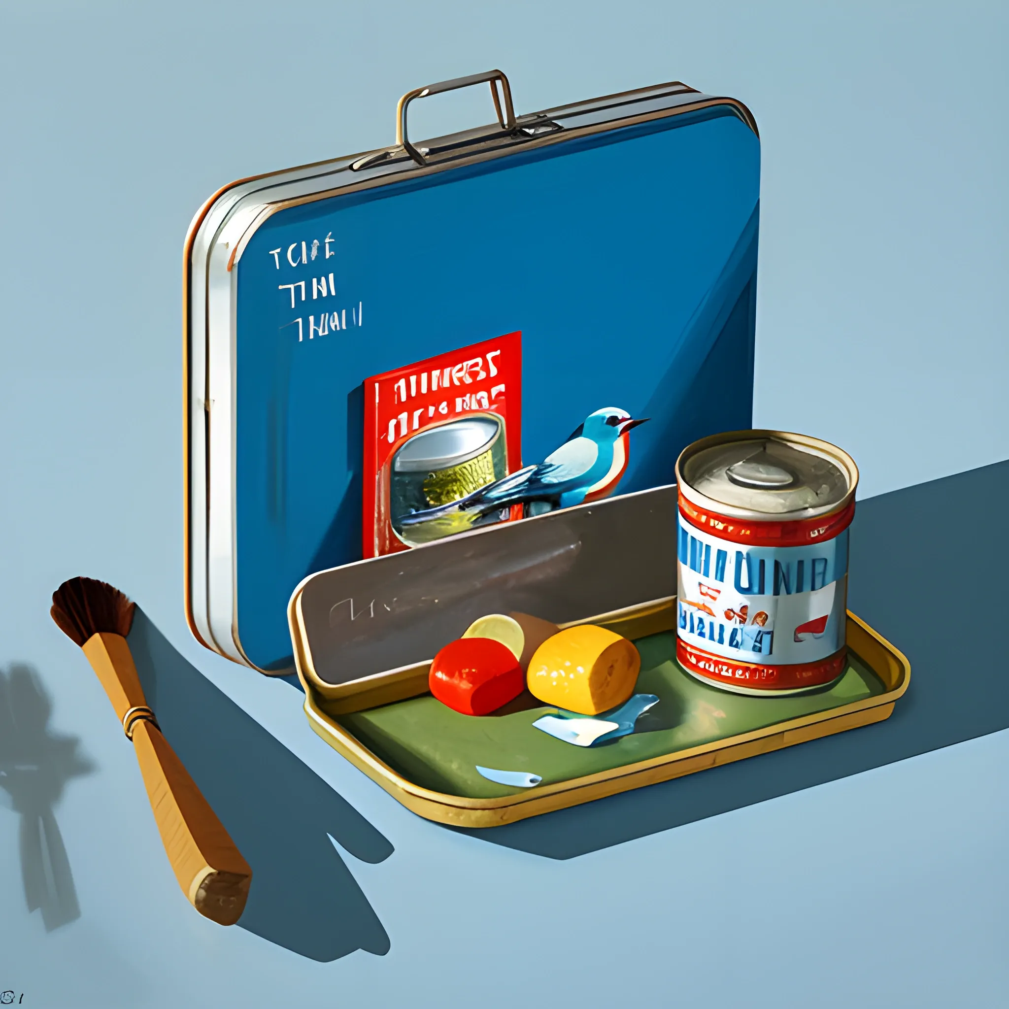 birds eye view shot of items on table in contemporary home, still life, tin of tuna, very coherent, painted by Edward Hopper, painted by James Gilleard, acrylic painting, blue background