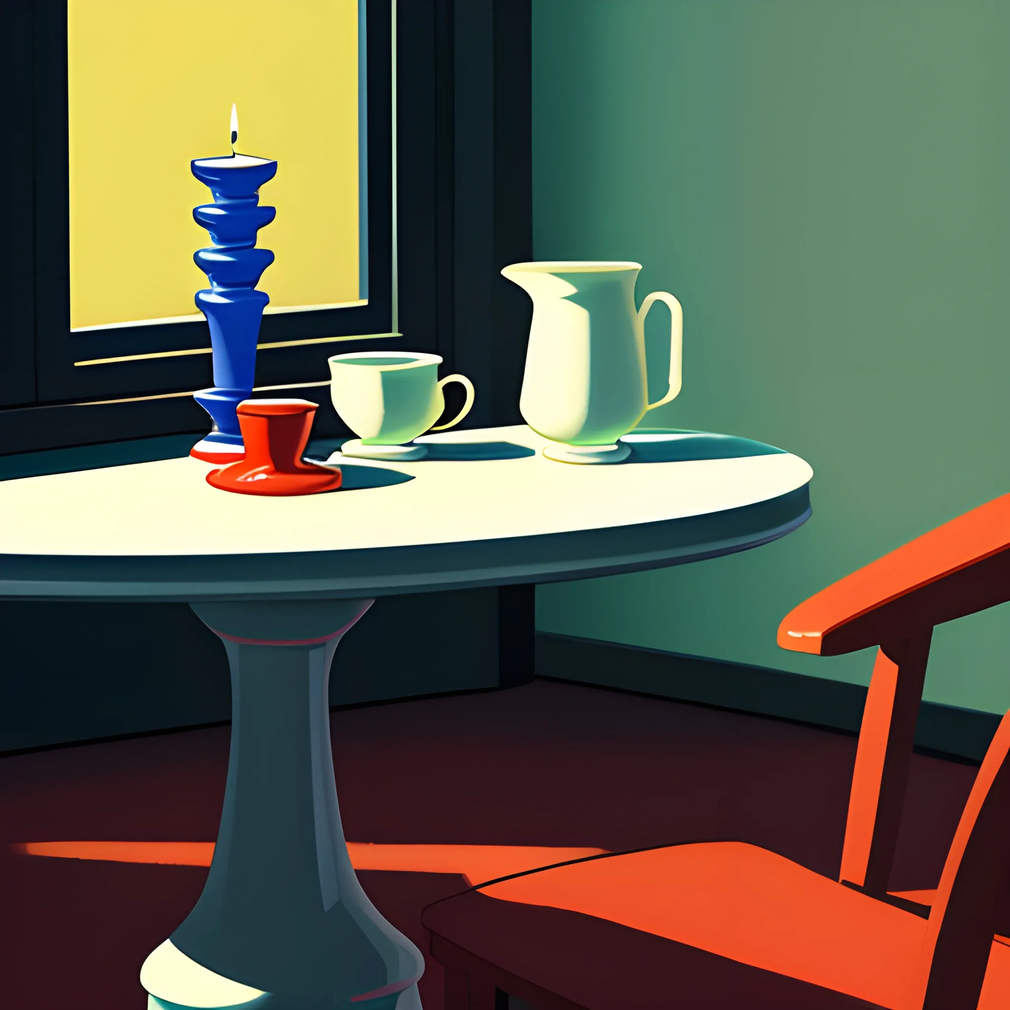 close up shot of items on table in contemporary home, still life, fun candlesticks, cups, very coherent, painted by Edward Hopper, painted by James Gilleard