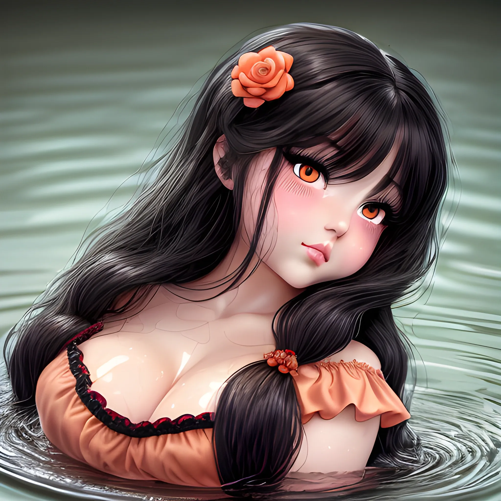 (((high detail))), best quality, Warm Colors, (detailed), (high resolution)Black long-haired female, curvy face, with rosy cheeks, big black eyes, thick eyelashes, thick peach lips, thick eyebrows, nose upturned, lying on water, with a black and red dress. Yo quiero el harem 