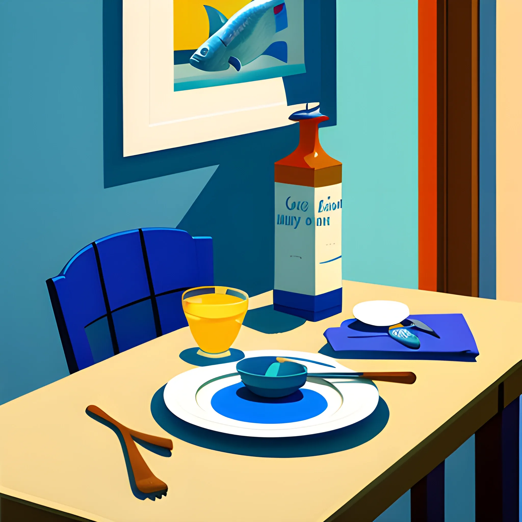 close up shot of items on table in contemporary home, still life, fish on plate, very coherent, painted by Edward Hopper, painted by James Gilleard, acrylic painting, blue background