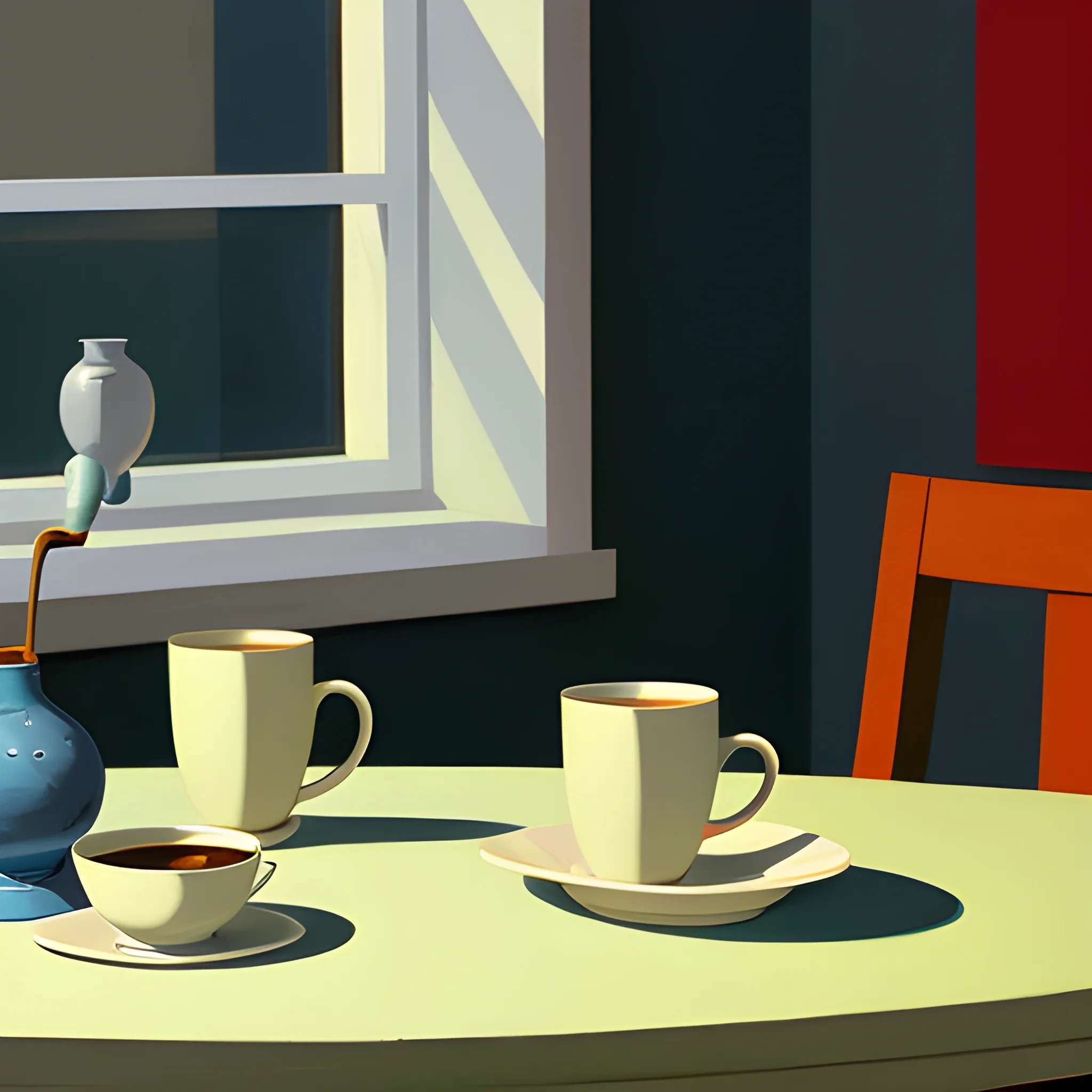 close up shot of items on table in contemporary home, still life, cofee, cups, very coherent, painted by Edward Hopper, painted by James Gilleard