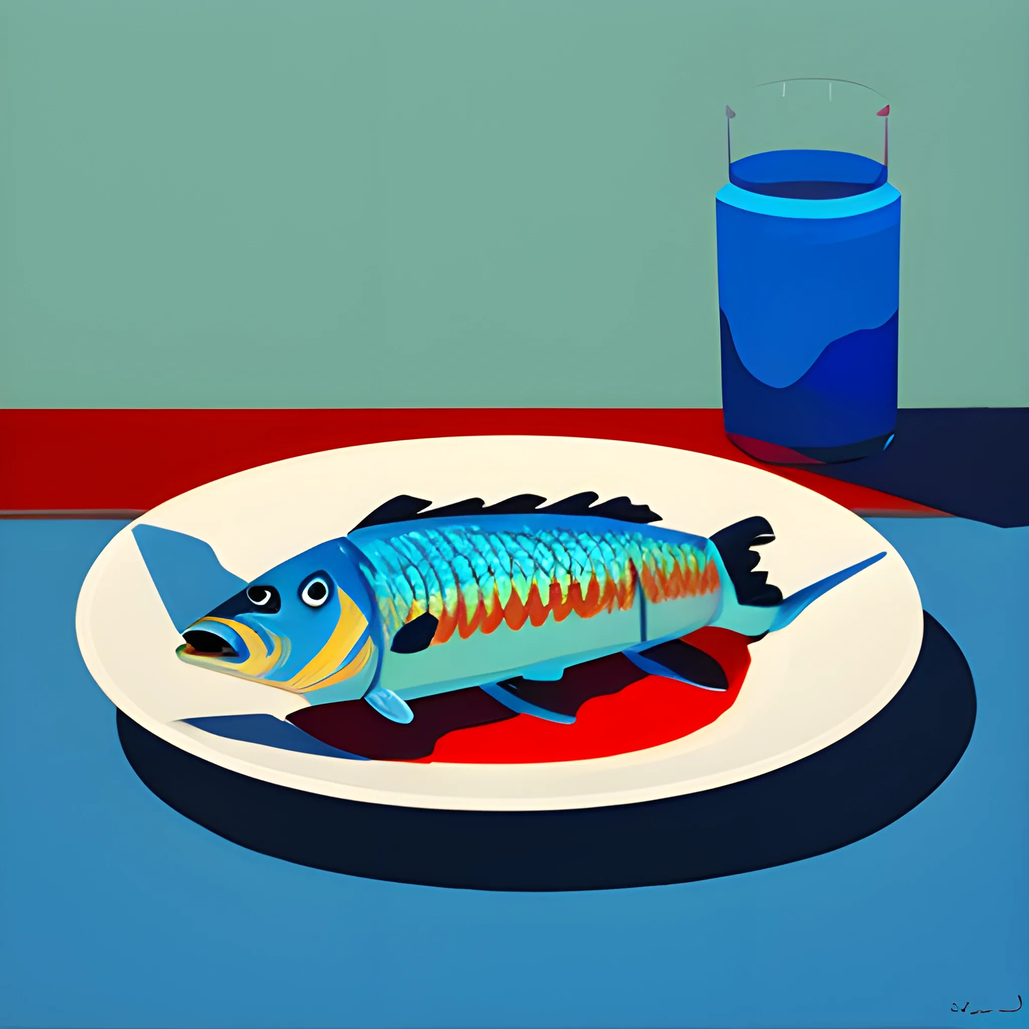 still life, fish on plate, very coherent, painted by Edward Hopper, painted by James Gilleard, acrylic painting, blue background