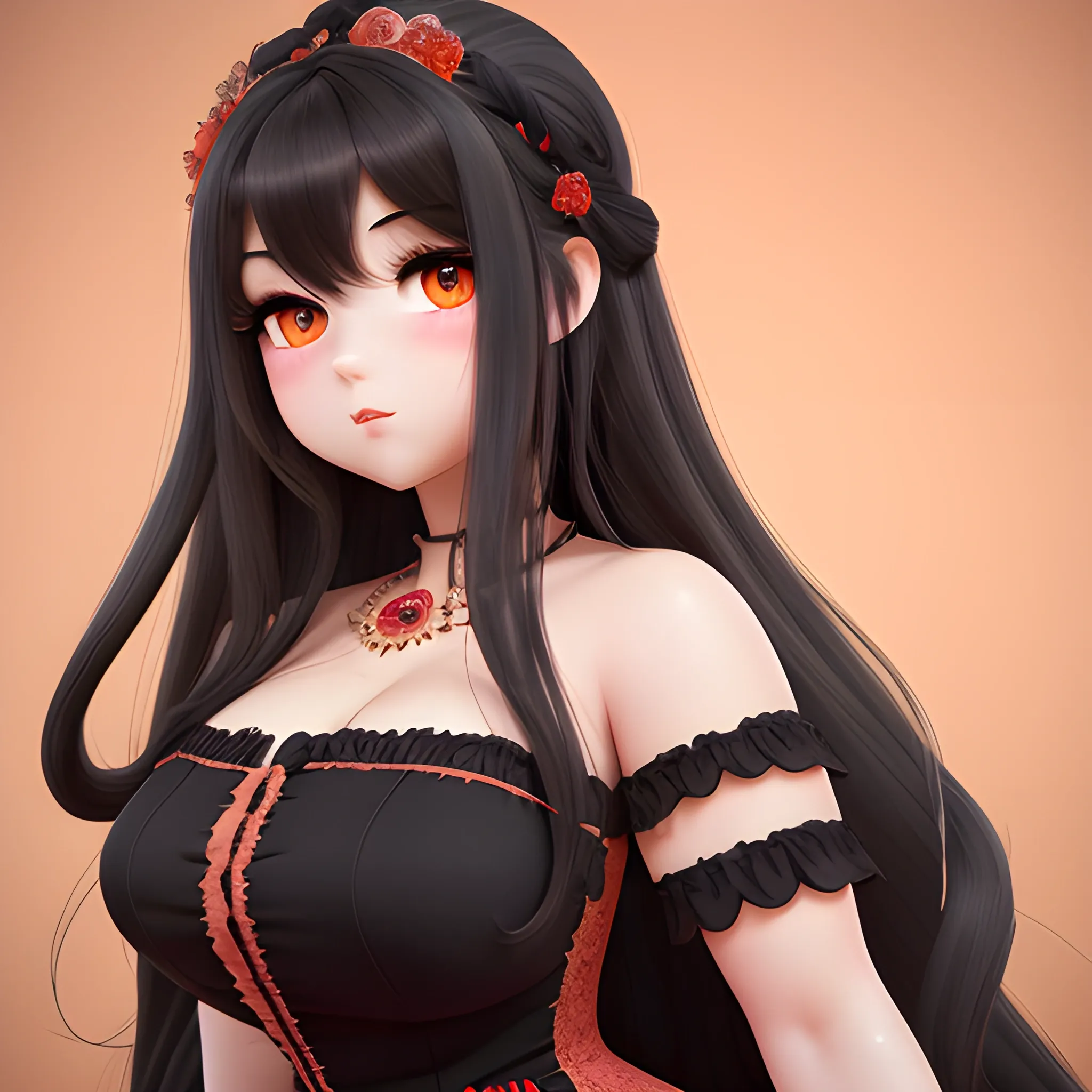 (((high detail))), best quality, Warm Colors, (detailed), (high resolution)Black long-haired female, curvy face, with rosy cheeks, big black eyes, thick eyelashes, thick peach lips, thick eyebrows, nose upturned, with a black and red dress, i want the harem 