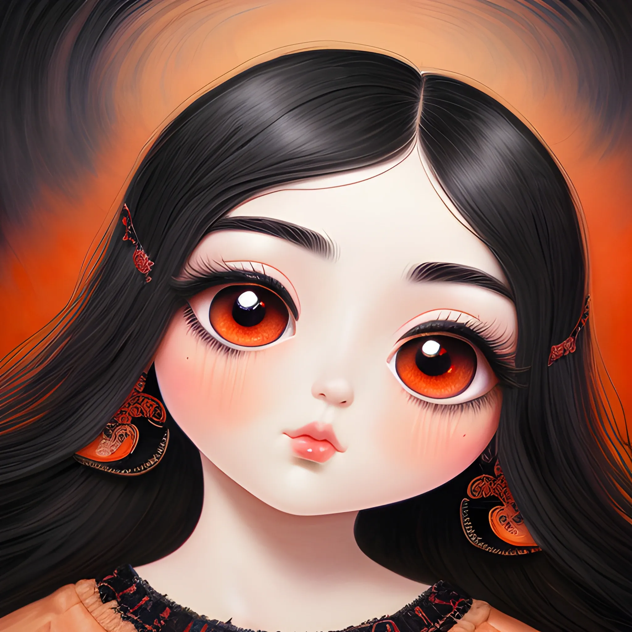 (((high detail))), best quality, Warm Colors, (detailed), (high resolution)Black long-haired female, curvy face, with rosy cheeks, big black eyes, thick eyelashes, thick peach lips, thick eyebrows, nose upturned, with a black and red dress, i want the harem , Cartoon, Trippy, Oil Painting