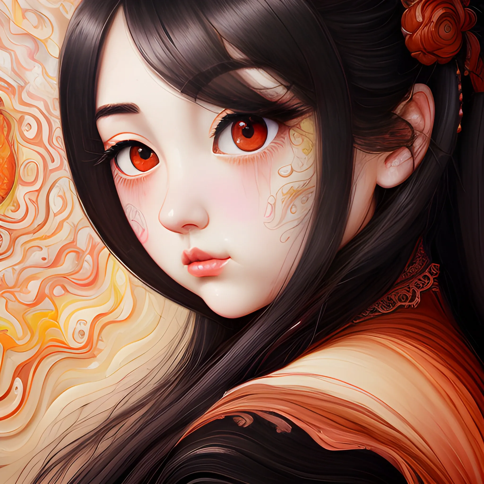 (((high detail))), best quality, Warm Colors, (detailed), (high resolution)Black long-haired female, curvy face, with rosy cheeks, big black eyes, thick eyelashes, thick peach lips, thick eyebrows, nose upturned, with a black and red dress, i want the harem , , Trippy, Oil Painting