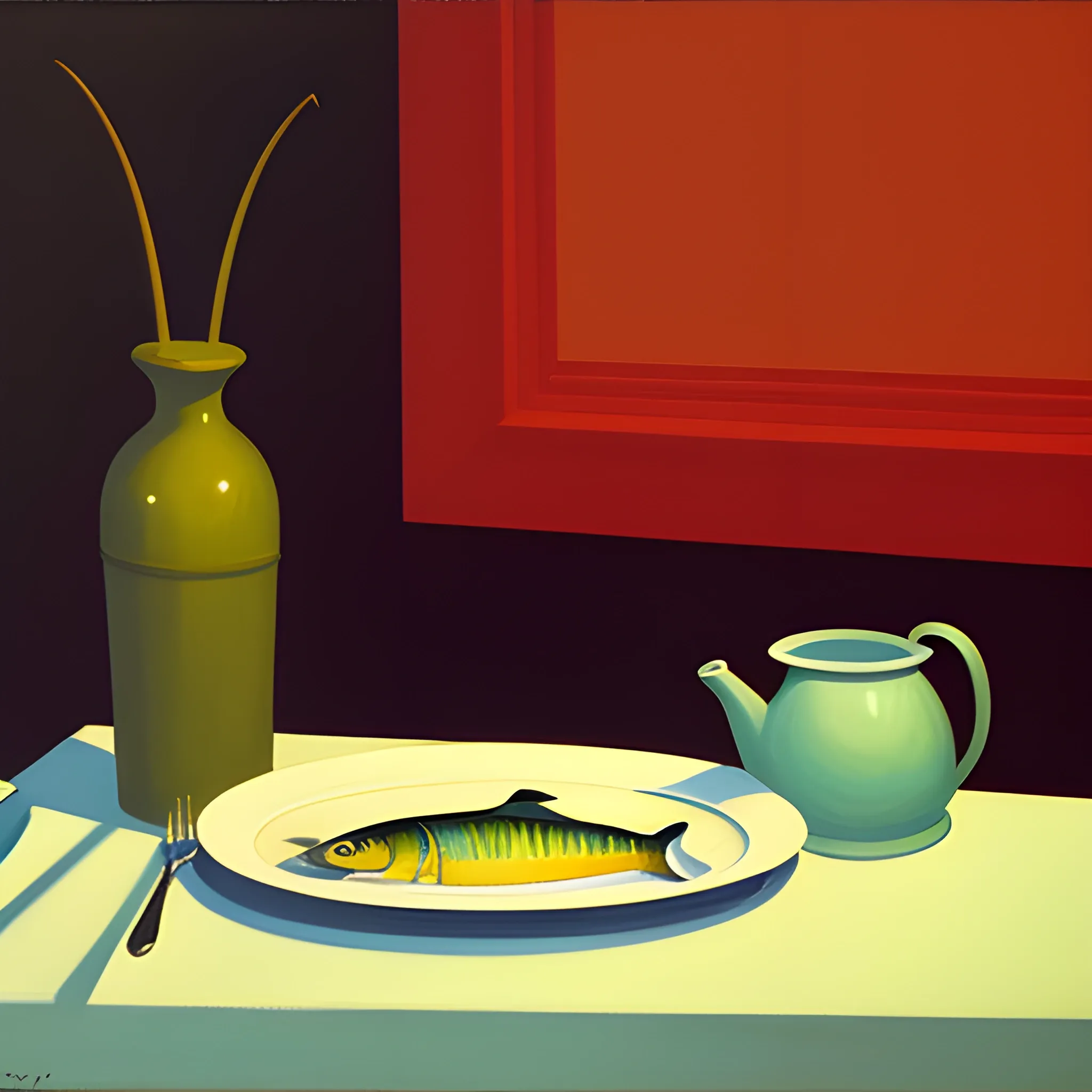 still life, fish on plate, very coherent, painted by Edward Hopper, acrylic painting