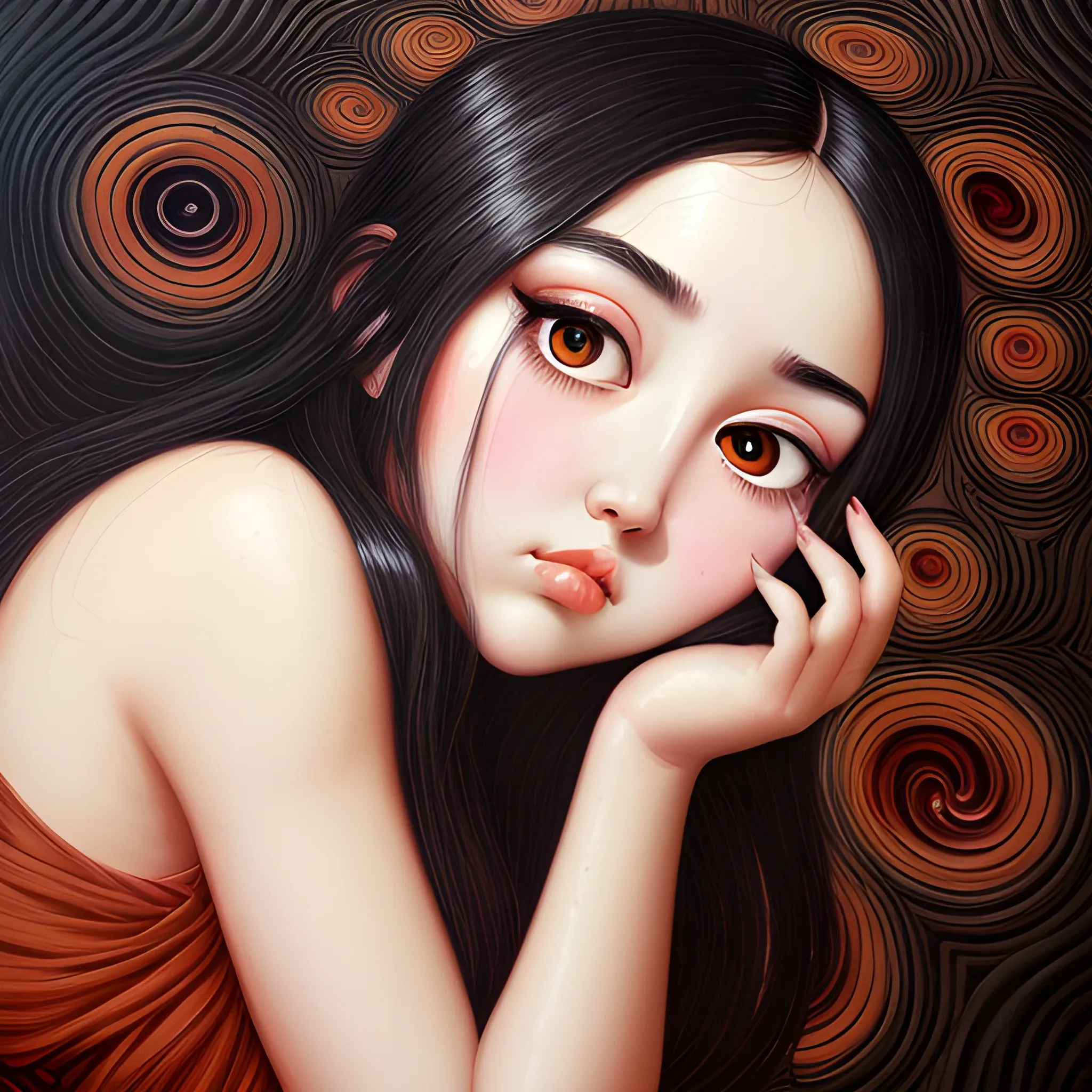 (((high detail))), best quality, Warm Colors, (detailed), (high resolution)Black long-haired female, curvy face, with rosy cheeks, big black eyes, thick eyelashes, thick peach lips, thick eyebrows, nose upturned, with a black and red dress, i want the harem ,Trippy, Oil Painting, wallper 