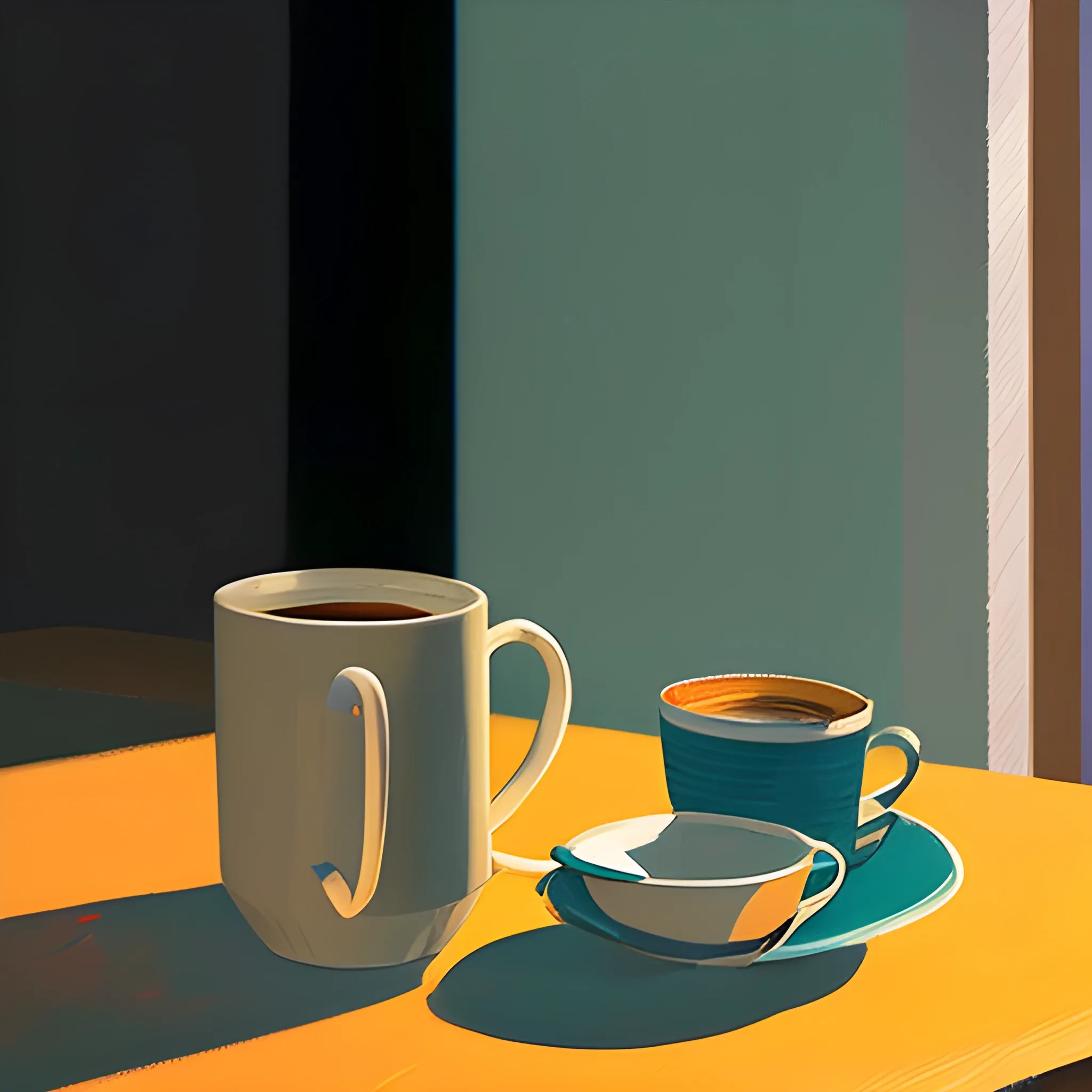 close up shot of items on table, still life, coffee, cups, very coherent, painted by Edward Hopper, painted by James Gilleard