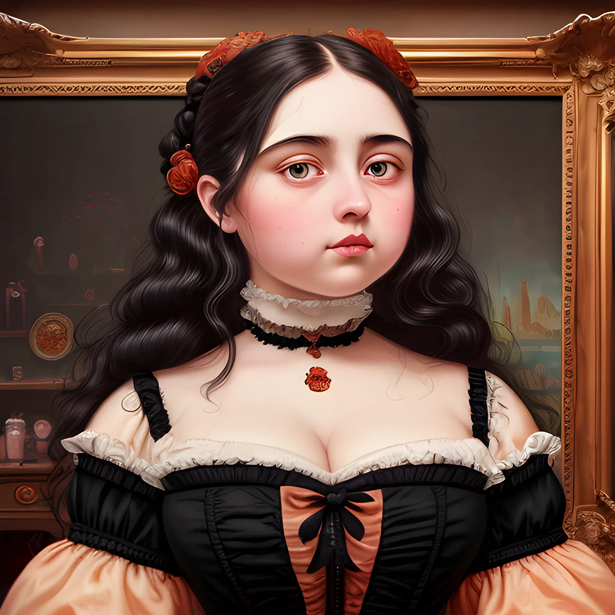 (((high detail))), best quality, Warm Colors, (detailed), (high resolution)Black long-haired female, curvy face, with rosy cheeks, big black eyes, thick eyelashes, thick peach lips, thick eyebrows, nose upturned, with a black and red dress, victorian room of backround Trippy, Oil Painting, wallper 