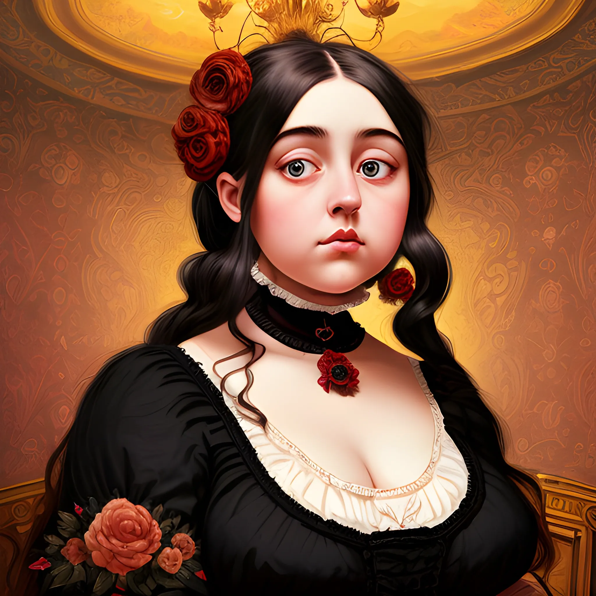 (((high detail))), best quality, Warm Colors, (detailed), (high resolution)Black long-haired female, curvy face, with rosy cheeks, big black eyes, thick eyelashes, thick peach lips, thick eyebrows, nose upturned, with a black and red dress, victorian room of backround Trippy, Oil Painting, wallper , Trippy