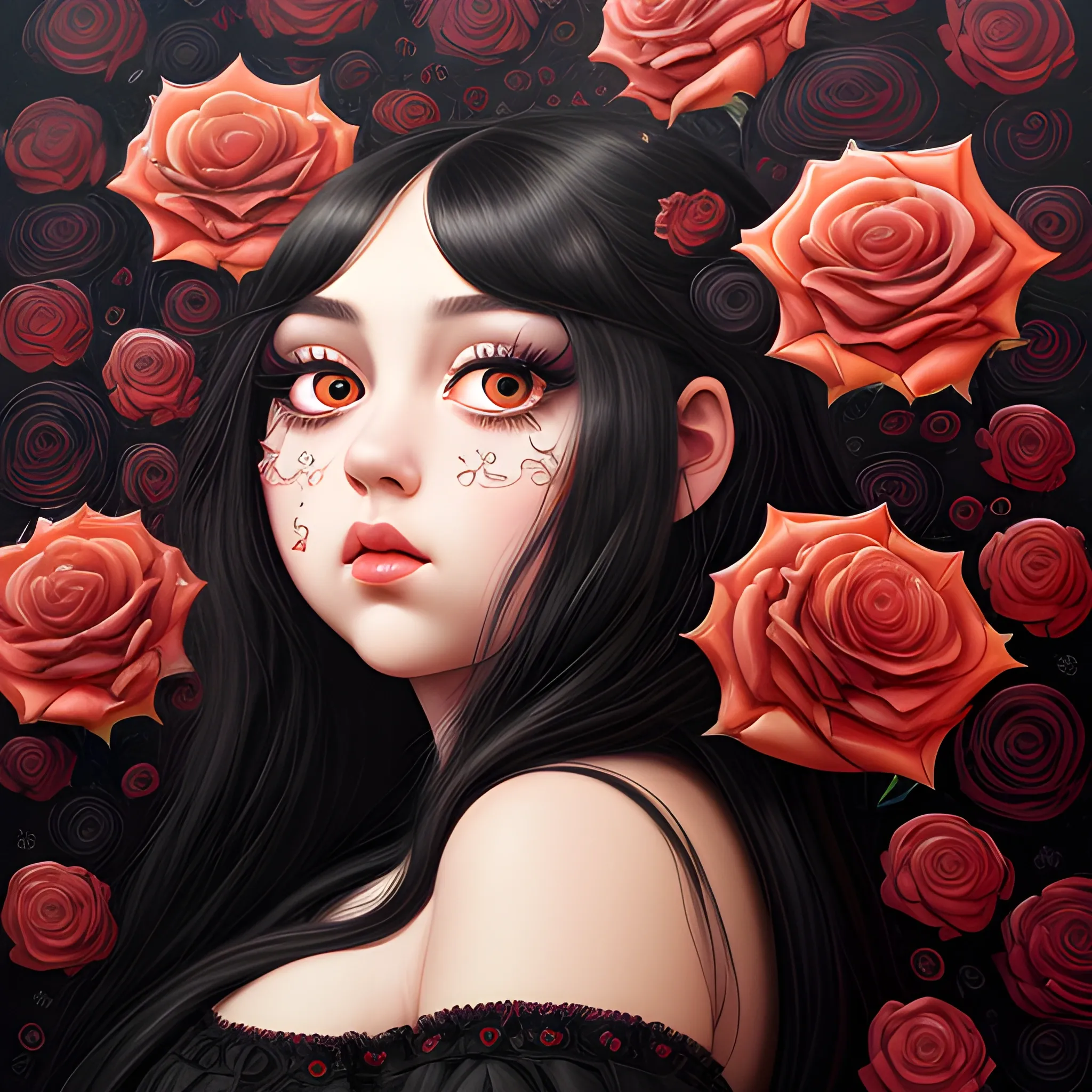 (((high detail))), best quality, Warm Colors, (detailed), (high resolution)Black long-haired female, curvy face, with rosy cheeks, big black eyes, thick eyelashes, thick peach lips, thick eyebrows,  with a black and red dress, roses of backround Trippy, Oil Painting, wallper , Trippy