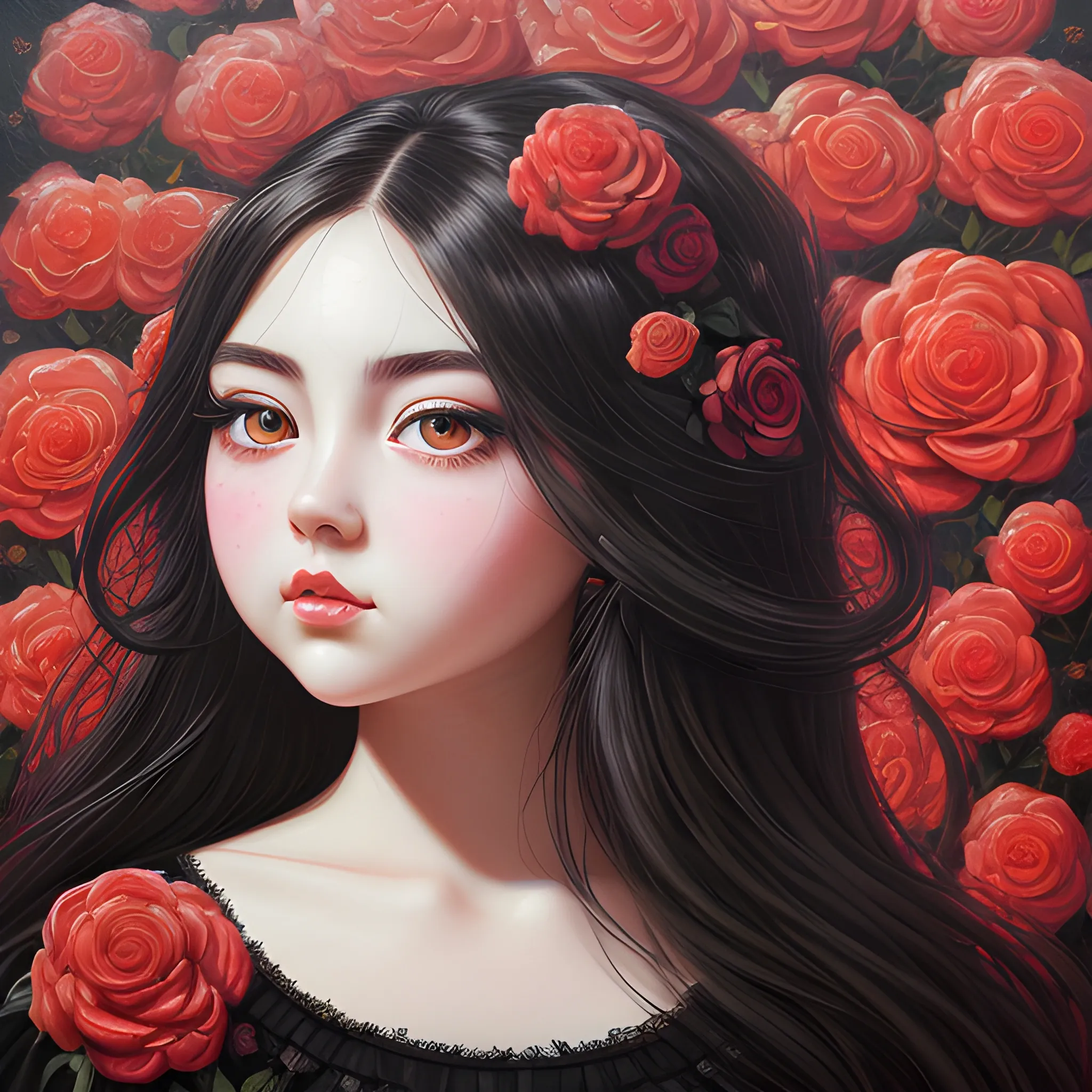 (((high detail))), best quality, Warm Colors, (detailed), (high resolution)Black long-haired female, curvy face, with rosy cheeks, big black eyes, thick eyelashes, thick peach lips, thick eyebrows,  with a black and red dress, roses of backround Trippy, Oil Painting, wallper , 