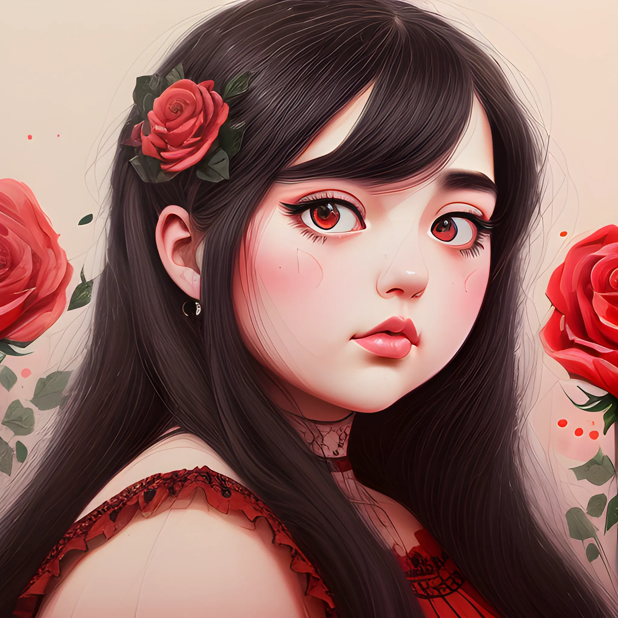 (((high detail))), best quality, Warm Colors, (detailed), (high resolution)Black long-haired female, curvy face, with rosy cheeks, big black eyes, thick eyelashes, thick peach lips, thick eyebrows,  with a black and red dress, roses of backround Trippy, Oil Painting, wallper , , Pencil Sketch