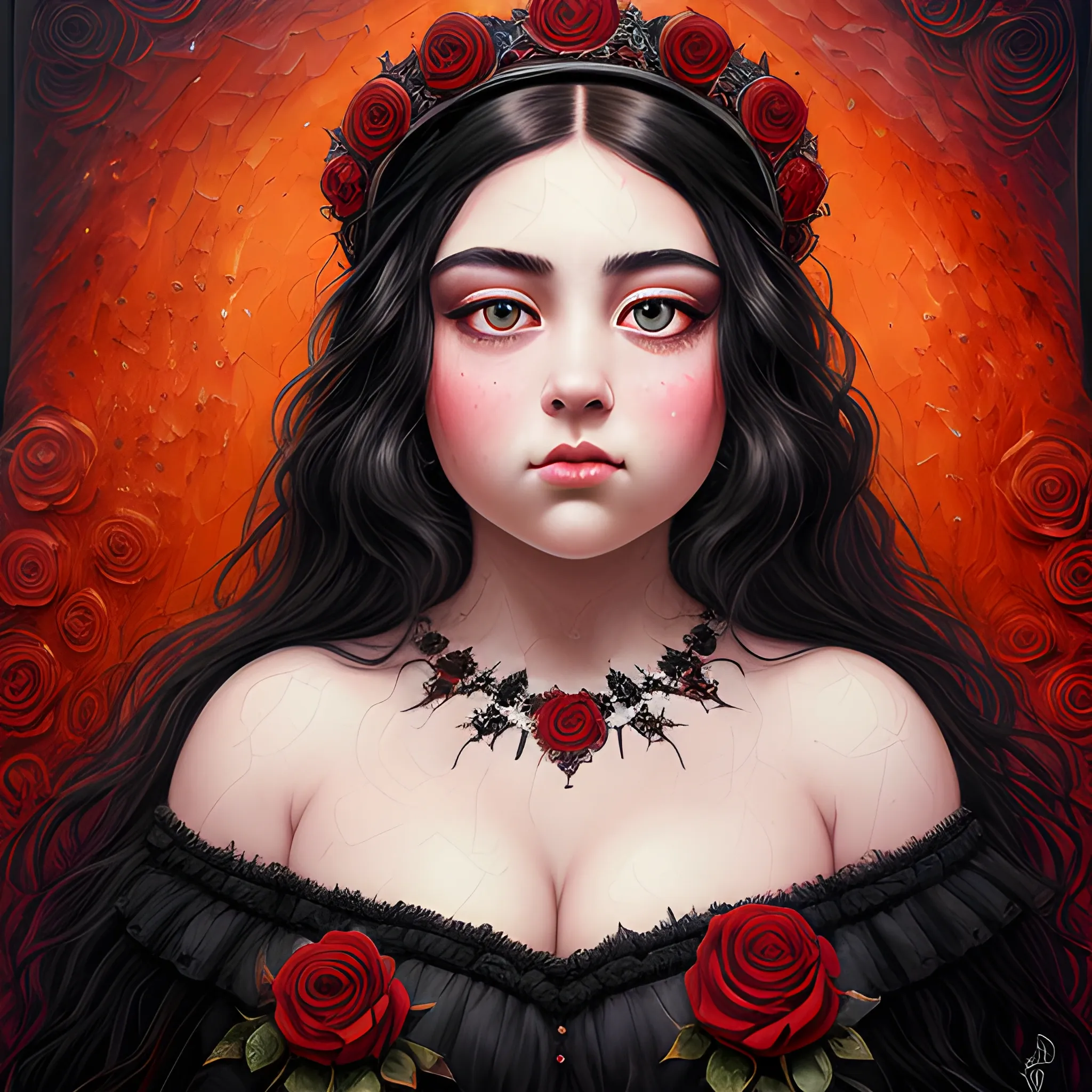(((high detail))), best quality, Warm Colors, (detailed), (high resolution)Black long-haired female, curvy face, with rosy cheeks, big black eyes, thick eyelashes, thick peach lips, thick eyebrows,  with a black and red dress, roses of backround  
holding a bloody crown in handTrippy, Oil Painting, wallper , 