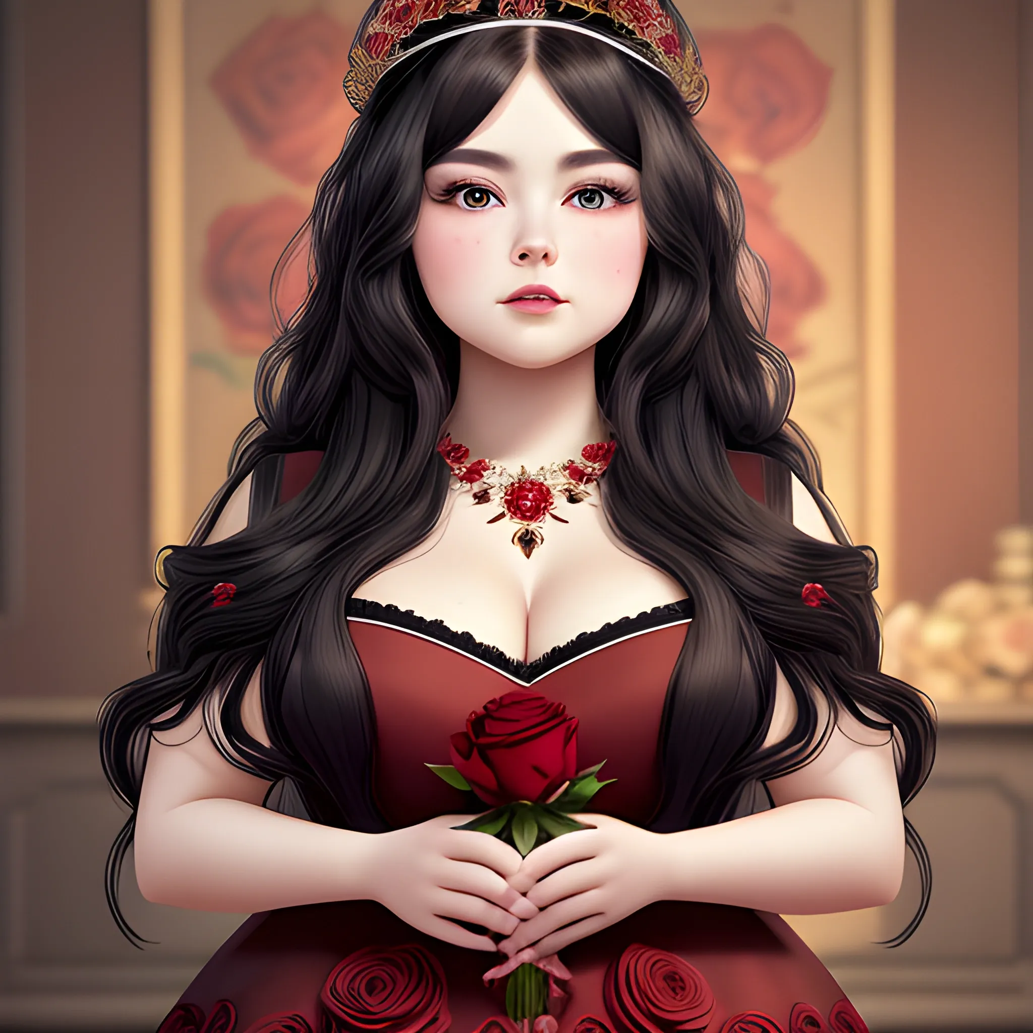 (((high detail))), best quality, Warm Colors, (detailed), (high resolution)Black long-haired female, curvy face, with rosy cheeks, big black eyes, thick eyelashes, thick peach lips, thick eyebrows,  with a black and red dress, roses of backround  
holding a bloody crown in hand, wallper , 