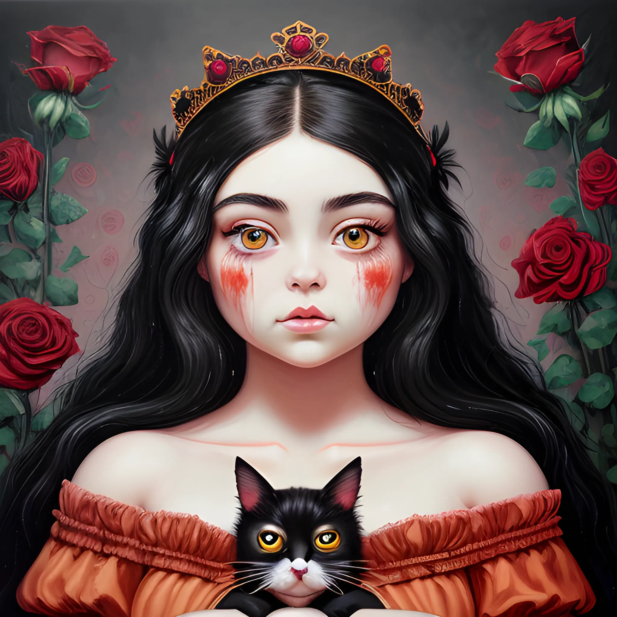 (((high detail))), best quality, Warm Colors, (detailed), (high resolution)Black long-haired female, curvy face, with rosy cheeks, big black eyes, thick eyelashes, thick peach lips, thick eyebrows,  with a black and red dress, roses of backround  
holding a bloody crown in her hand, with a cat in her lap wallper ,Trippy, Oil Painting