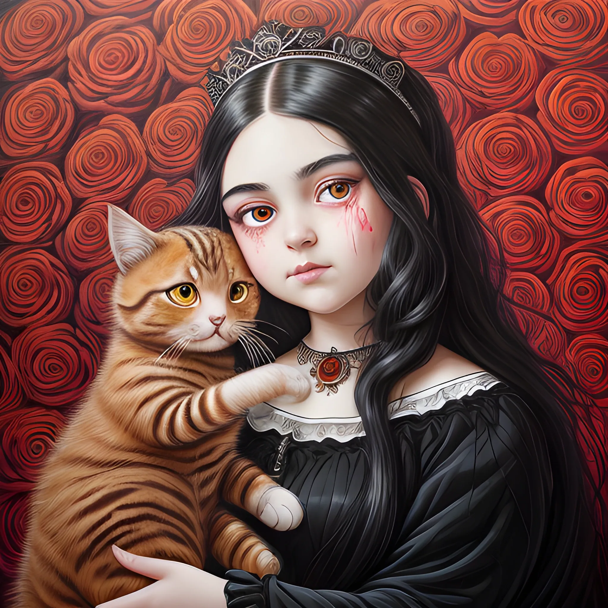 (((high detail))), best quality, Warm Colors, (detailed), (high resolution)Black long-haired female, full body, curvy face, with rosy cheeks, big black eyes, thick eyelashes, thick peach lips, thick eyebrows,  with a black and red dress, roses of backround  
holding a bloody crown in her hand, with a cat in her lap wallper ,Trippy, Oil Painting