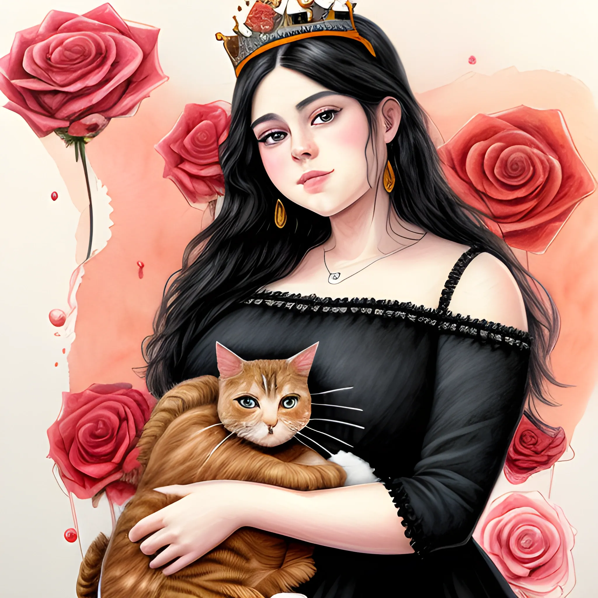 (((high detail))), best quality, Warm Colors, (detailed), (high resolution)Black long-haired female adult, full body, curvy face, with rosy cheeks, big black eyes, thick eyelashes, thick peach lips, thick eyebrows,  with a black and red dress, roses of backround  
holding a bloody crown in her hand, with a cat in her lap wallper , Oil Painting, Pencil Sketch, Water Color