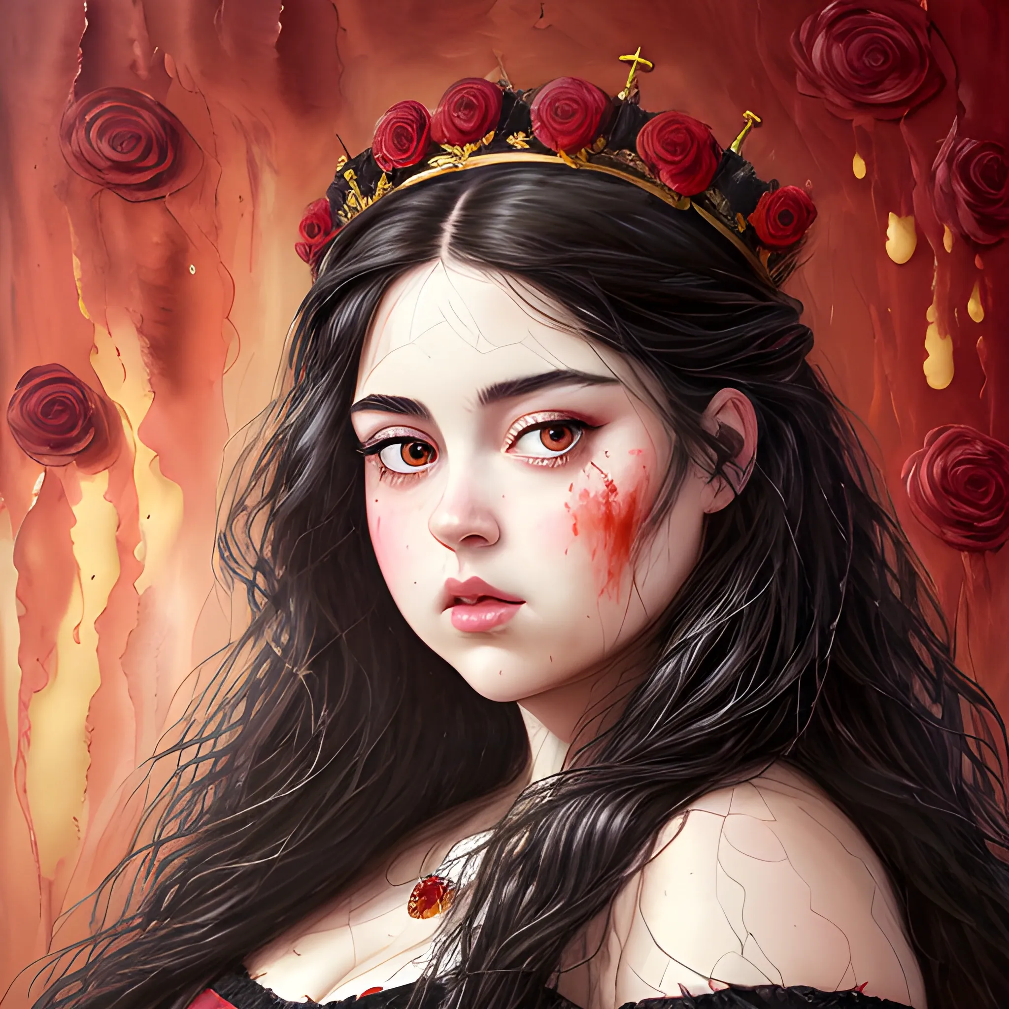 (((high detail))), best quality, Warm Colors, (detailed), (high resolution)Black long-haired female adult, full body, curvy face, with rosy cheeks, big black eyes, thick eyelashes, thick peach lips, thick eyebrows,  with a black and red dress, roses of backround  
holding a bloody crown in her hand, wallper , Oil Painting,  Water Color
