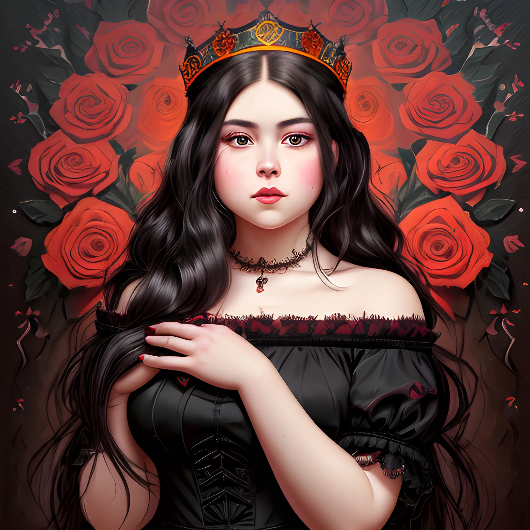 (((high detail))), best quality, Warm Colors, (detailed), (high resolution)Black long-haired female adult, full body, curvy face, with rosy cheeks, big black eyes, thick eyelashes, thick peach lips, thick eyebrows,  with a black and red dress holding a bloody crown in her hand, roses of backround , wallper , Oil Painting,  