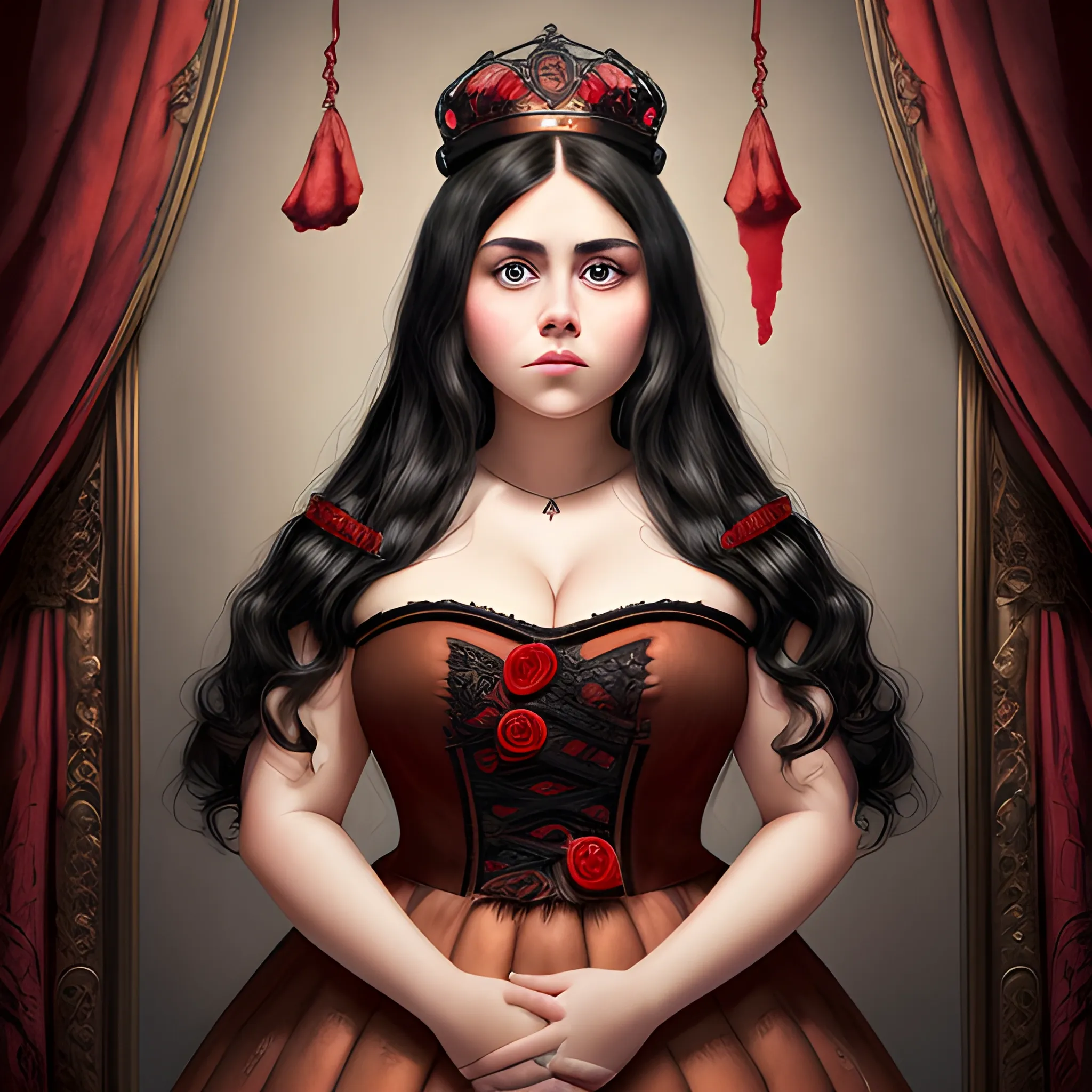 (((high detail))), best quality, Warm Colors, (detailed), (high resolution)Black long-haired female adult, full body, curvy face, with rosy cheeks, big black eyes, thick eyelashes, thick peach lips, thick eyebrows,  with a black and red dress holding a bloody crown in her hand, with blood in her dress roses of backround , wallper , Oil Painting,  