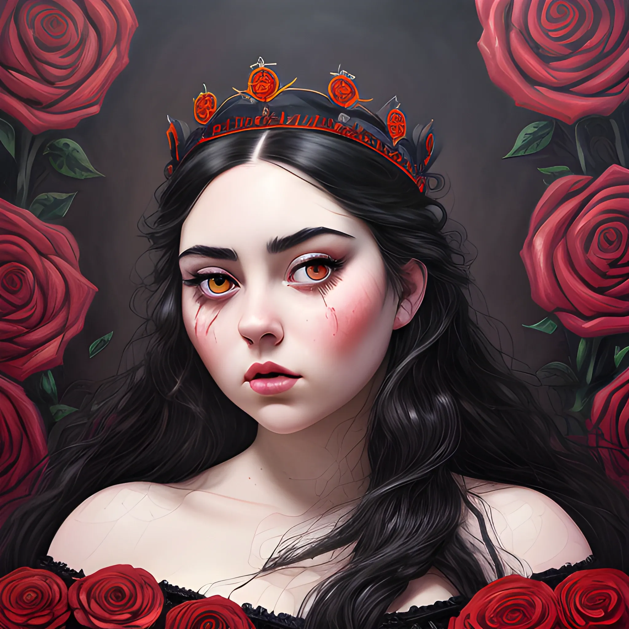 (((high detail))), best quality, Warm Colors, (detailed), (high resolution)Black long-haired female adult, full body, curvy face, with rosy cheeks, big black eyes, thick eyelashes, thick peach lips, thick eyebrows,  with a black and red dress holding a bloody crown in her hand, frozen  roses of backround , wallper  , Trippy, Oil Painting