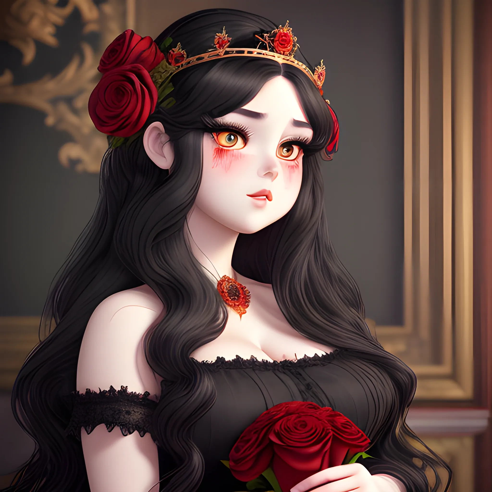 (((high detail))), best quality, Warm Colors, (detailed), (high resolution)Black long-haired female adult, full body, curvy face, with rosy cheeks, big black eyes, thick eyelashes, thick peach lips, thick eyebrows,  with a black and red dress holding a bloody crown in her hand, roses of backround , wallper  , 