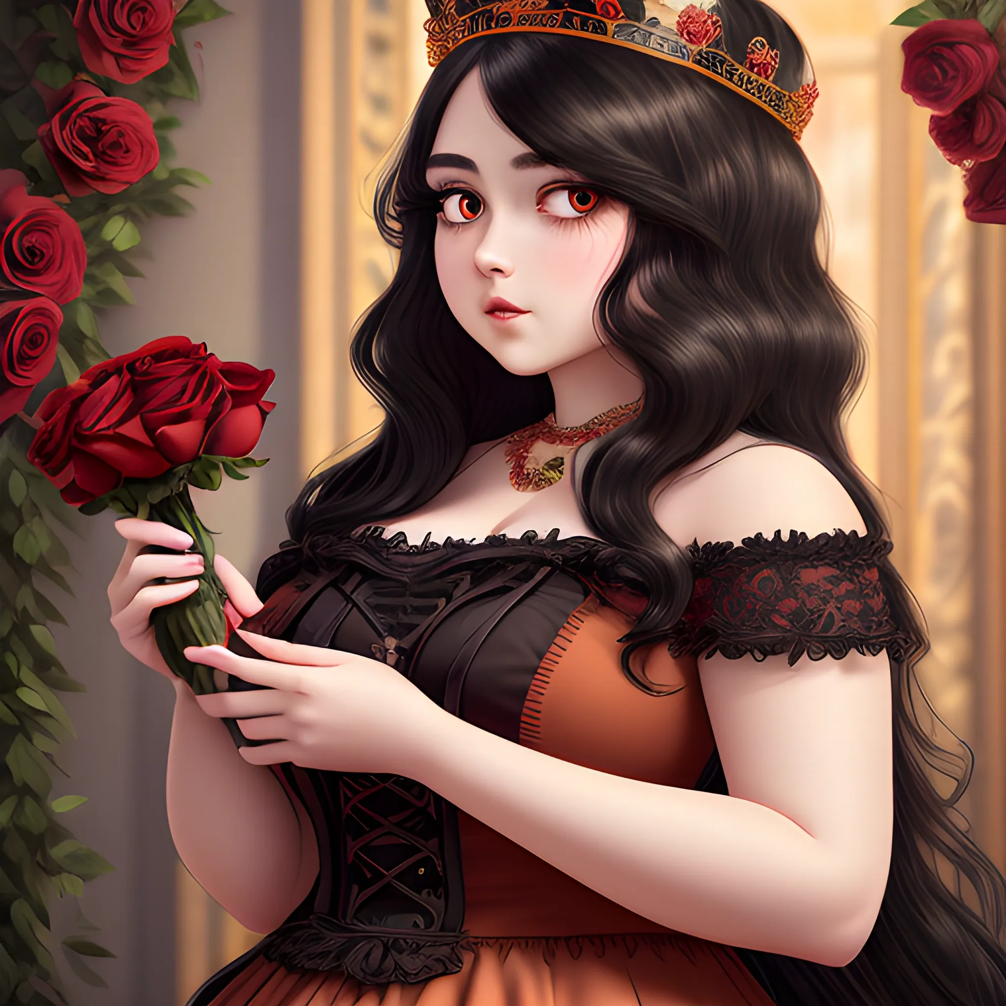 (((high detail))), best quality, Warm Colors, (detailed), (high resolution)Black long-haired female adult, full body, curvy face, with rosy cheeks, big black eyes, thick eyelashes, thick peach lips, thick eyebrows,  with a black and red dress holding a bloody crown in her hand, roses of backround , wallper  , 