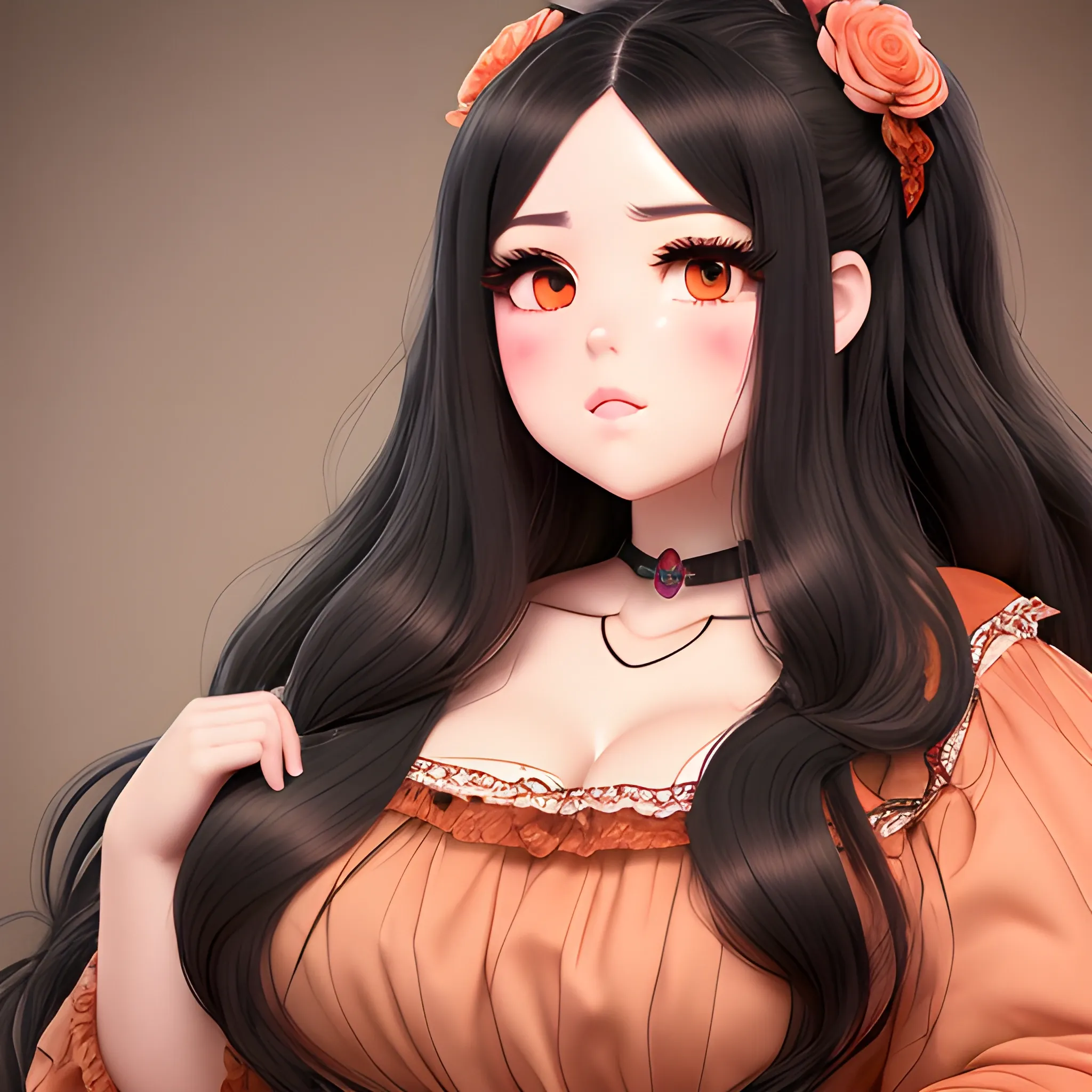 (((high detail))), best quality, Warm Colors, (detailed), (high resolution)Black long-haired female adult, full body, curvy face, with rosy cheeks, big black eyes, thick eyelashes, thick peach lips, thick eyebrows,  with a black and red dress  Yo quiero el harem 