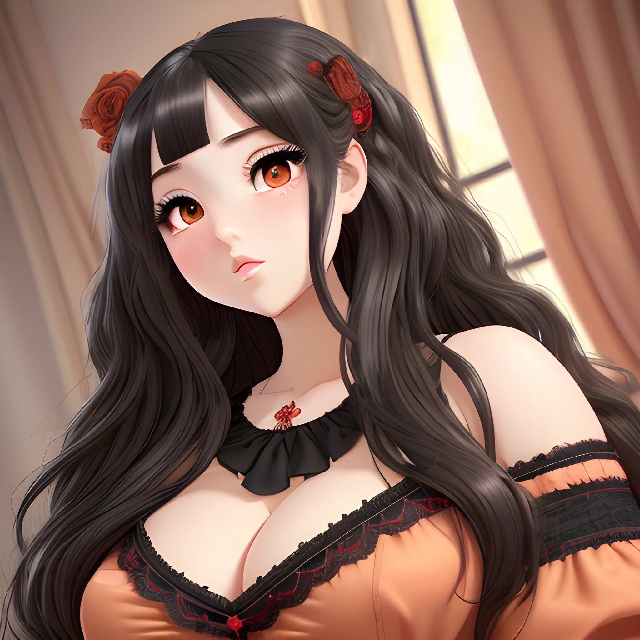 (((high detail))), best quality, Warm Colors, (detailed), (high resolution)Black long-haired female adult, full body, curvy face, with rosy cheeks, big black eyes, thick eyelashes, thick peach lips, thick eyebrows,  with a black and red dress  saying i want the harem