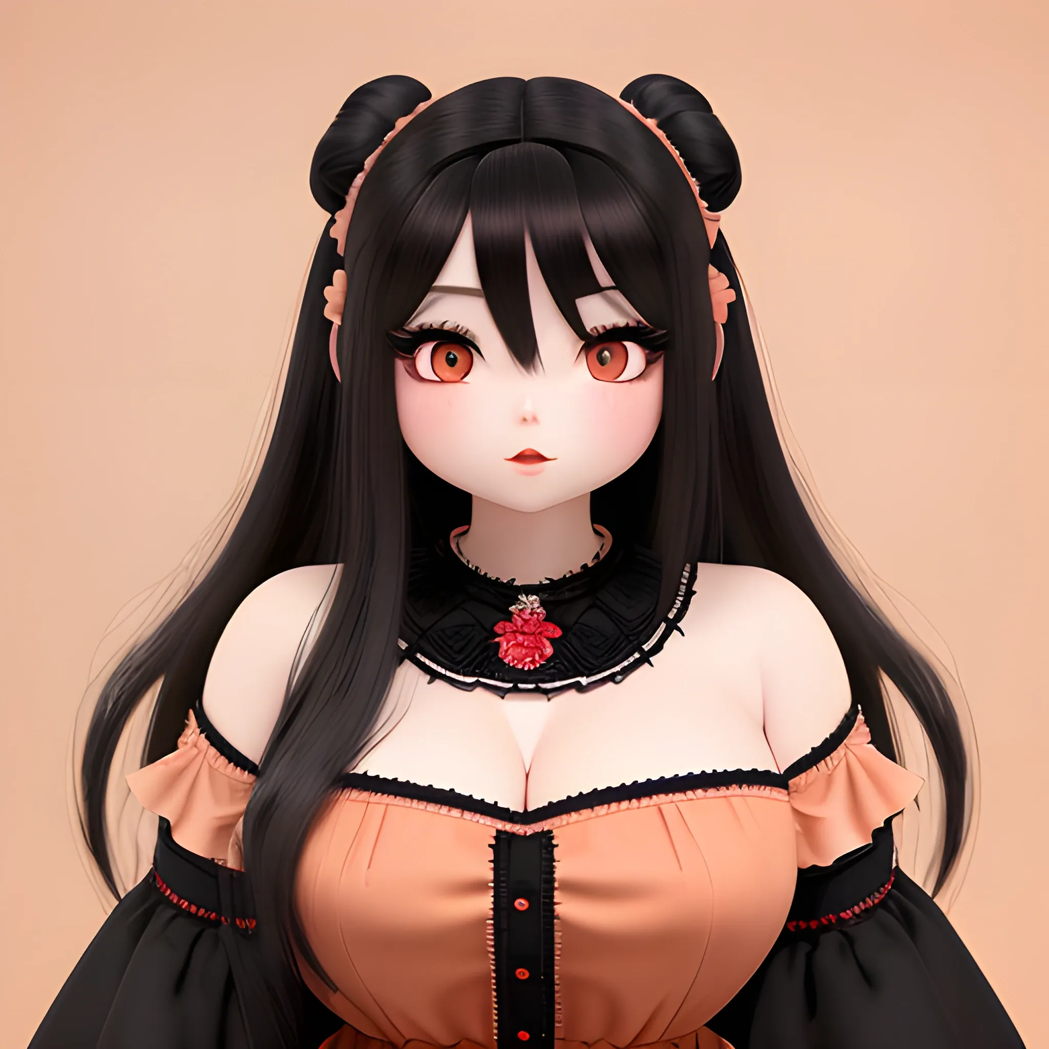 (((high detail))), best quality, Warm Colors, (detailed), (high resolution)Black long-haired female adult, full body, curvy face, with rosy cheeks, big black eyes, thick eyelashes, thick peach lips, thick eyebrows,  with a black and red dress  saying i want the harem
