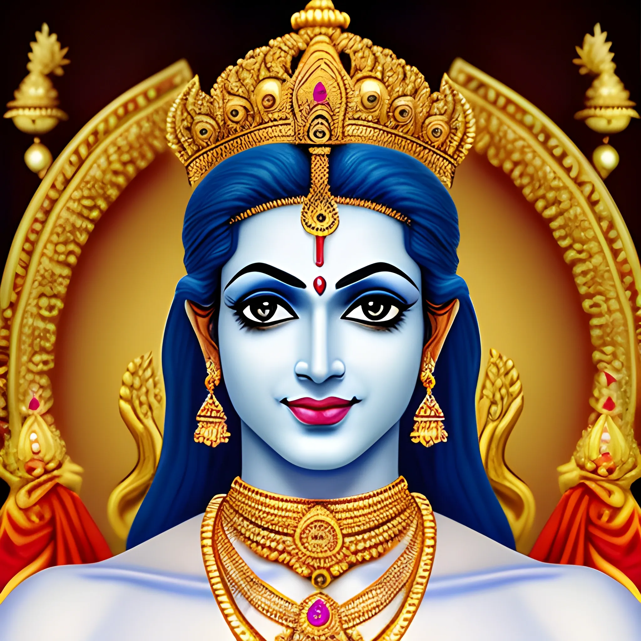 Generate an 8K image of Lord Krishna, the Hindu deity, portrayed as a toddler-like and cute figure. Depict Lord Krishna as a king adorned with majestic jewelry. Ensure that Lord Krishna's facial features reflect a playful and endearing expression. The image should radiate warmth, kindness, and divinity. Pay attention to intricate details of the jewelry, including crown, necklaces, bracelets, and earrings, and realistic, body, hole body blue, making them look regal and captivating. The final result should be a high-resolution, adorable image of Lord Krishna, reminiscent of his divine presence.